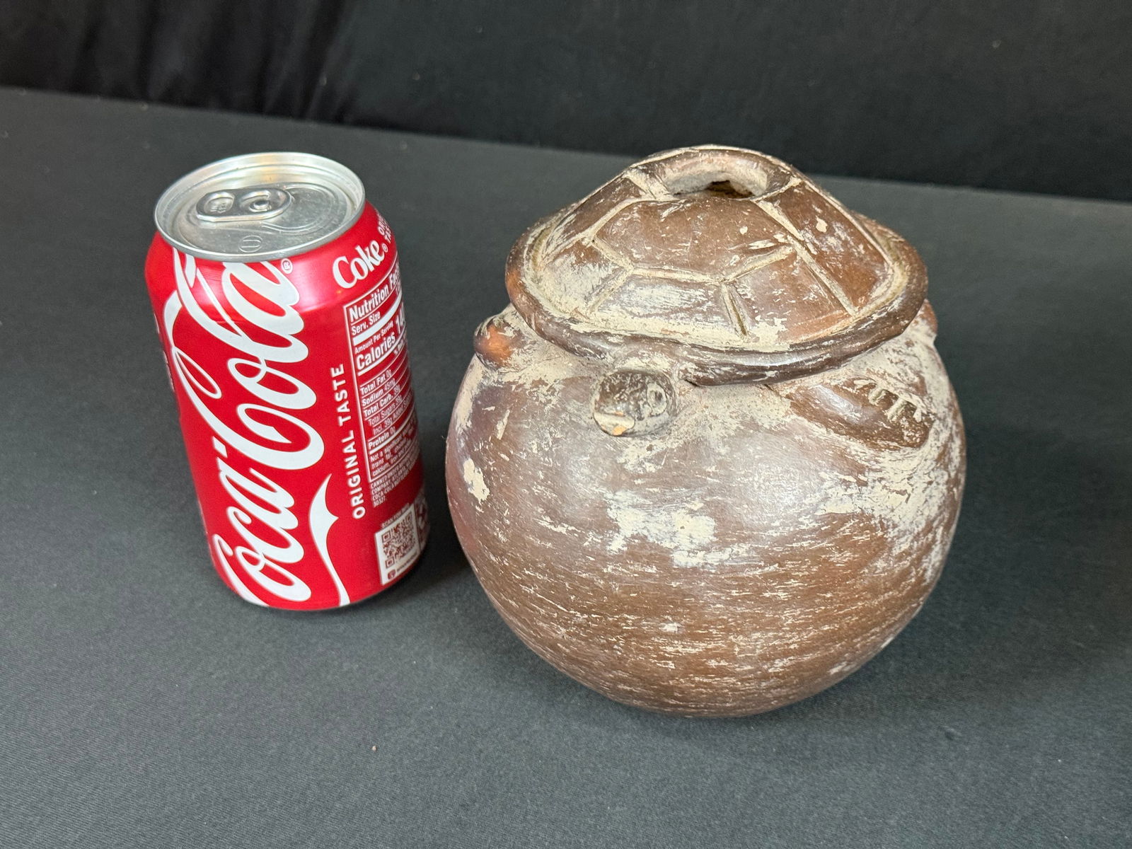 Clay vessel w/turtle carving: Clay vessel w/turtle carving