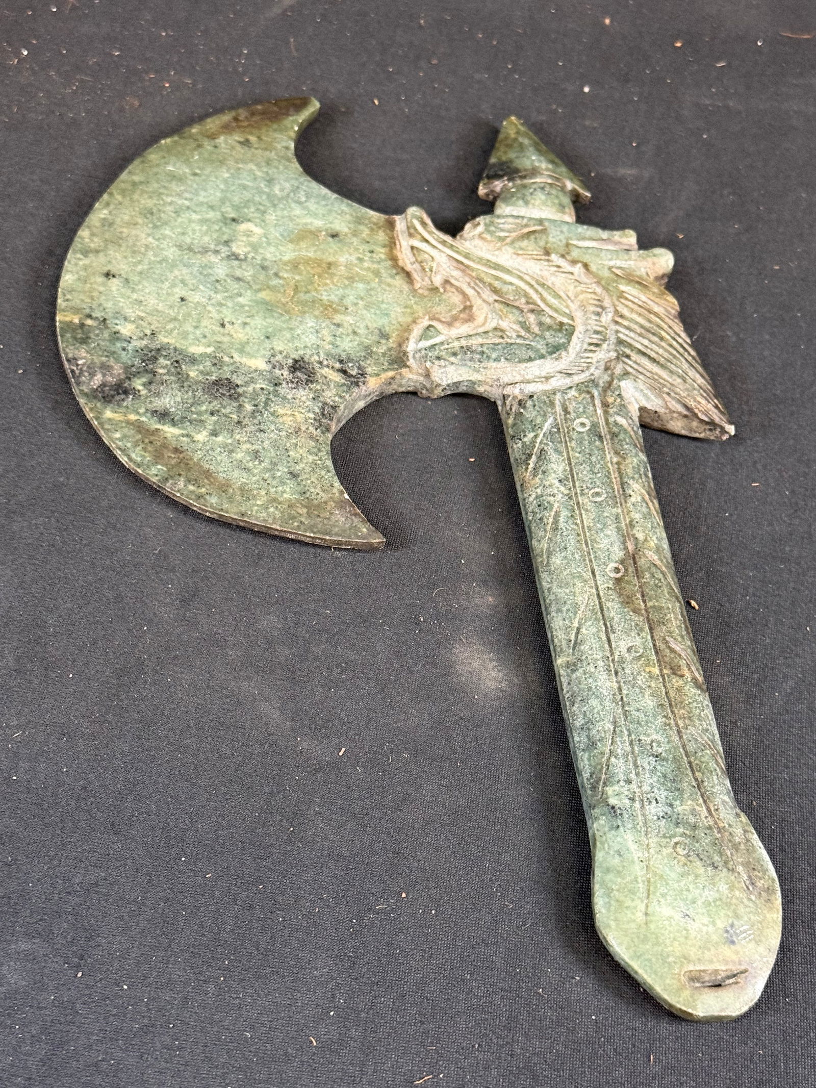 Chinese Battle Axe: Chinese Battle Axe. Carved, possibly jade