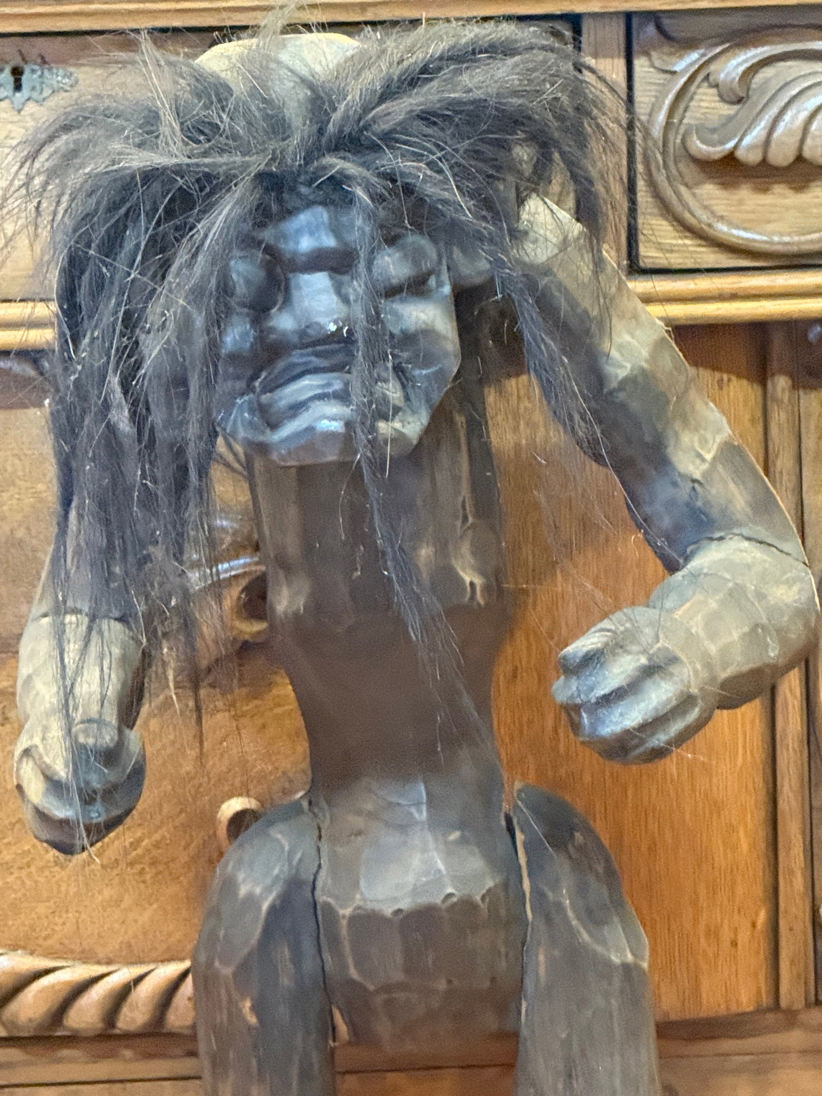 Antique wooden carving: Antique wooden carving. Made with real hair