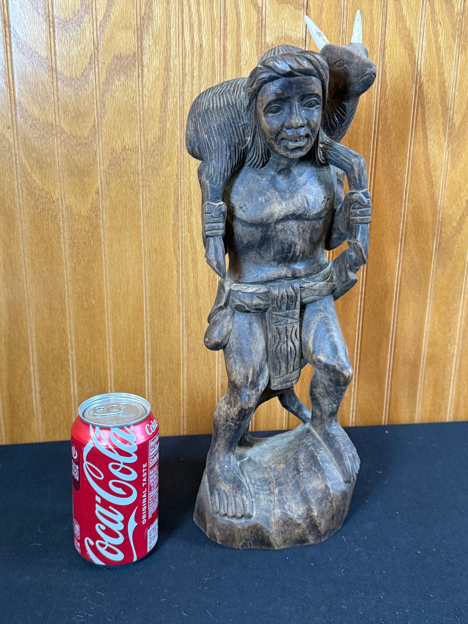 Hand carved wooden African. Figure w/goat: Hand carved wooden African. Figure w/goat