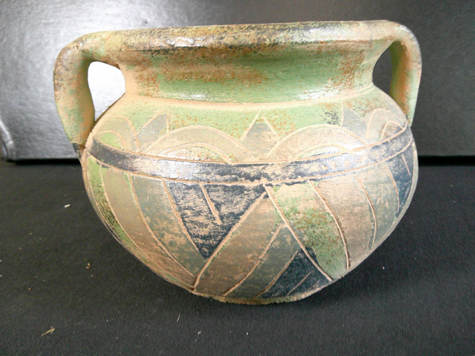 Earthenware terracotta decorated double-handled vase (1 of 3)
