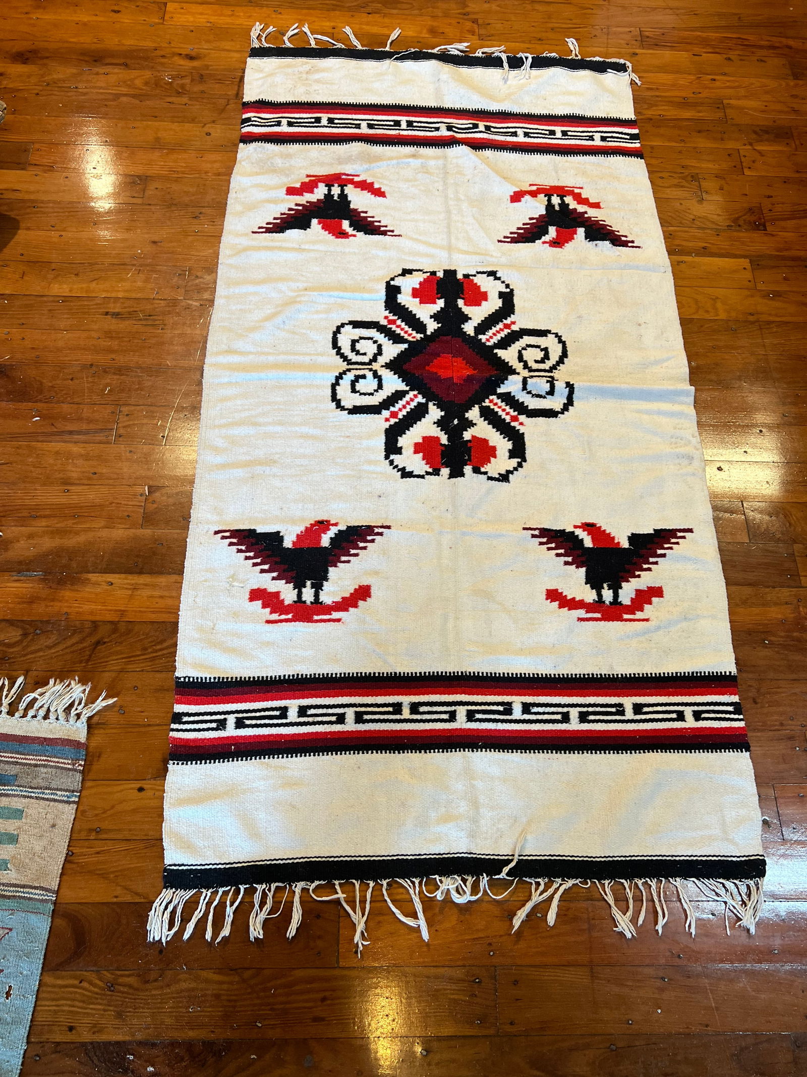 Native American wool rug w/fringe: Native American wool rug w/fringe. Eagle pattern