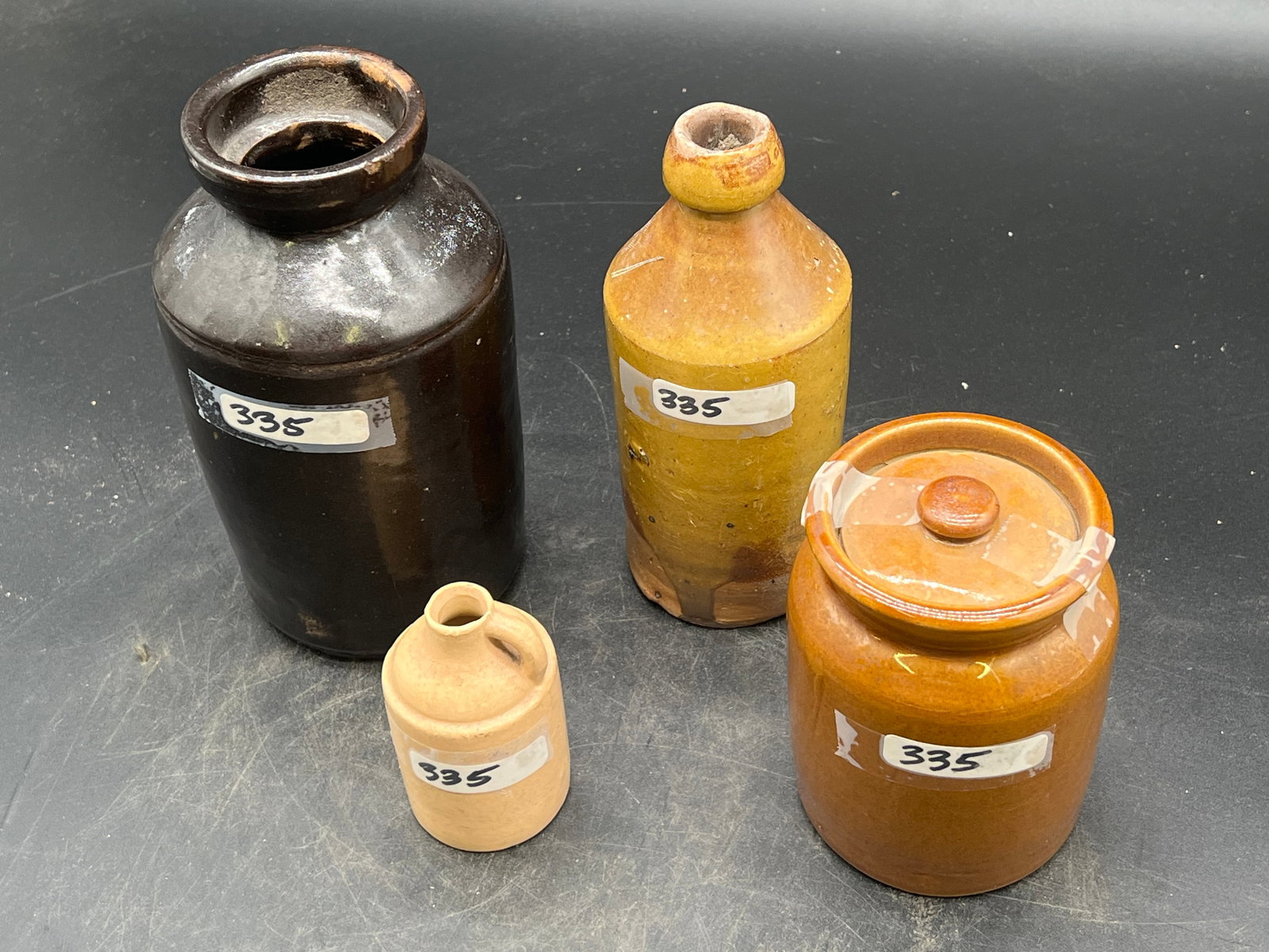 Lot of 4 Stoneware Bottles, lidded crock, jug, and jar (1 of 12)
