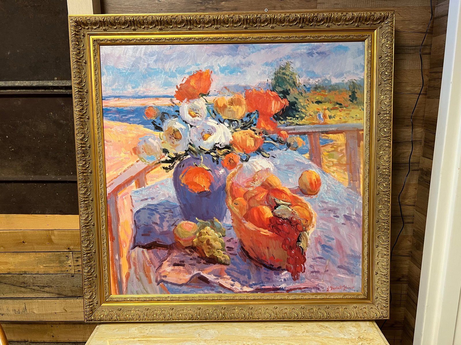 Signed S. Burkett Kaiser Oil on Board: Signed S. Burkett Kaiser Oil on Board. “Poppies in a Blue Vase”
