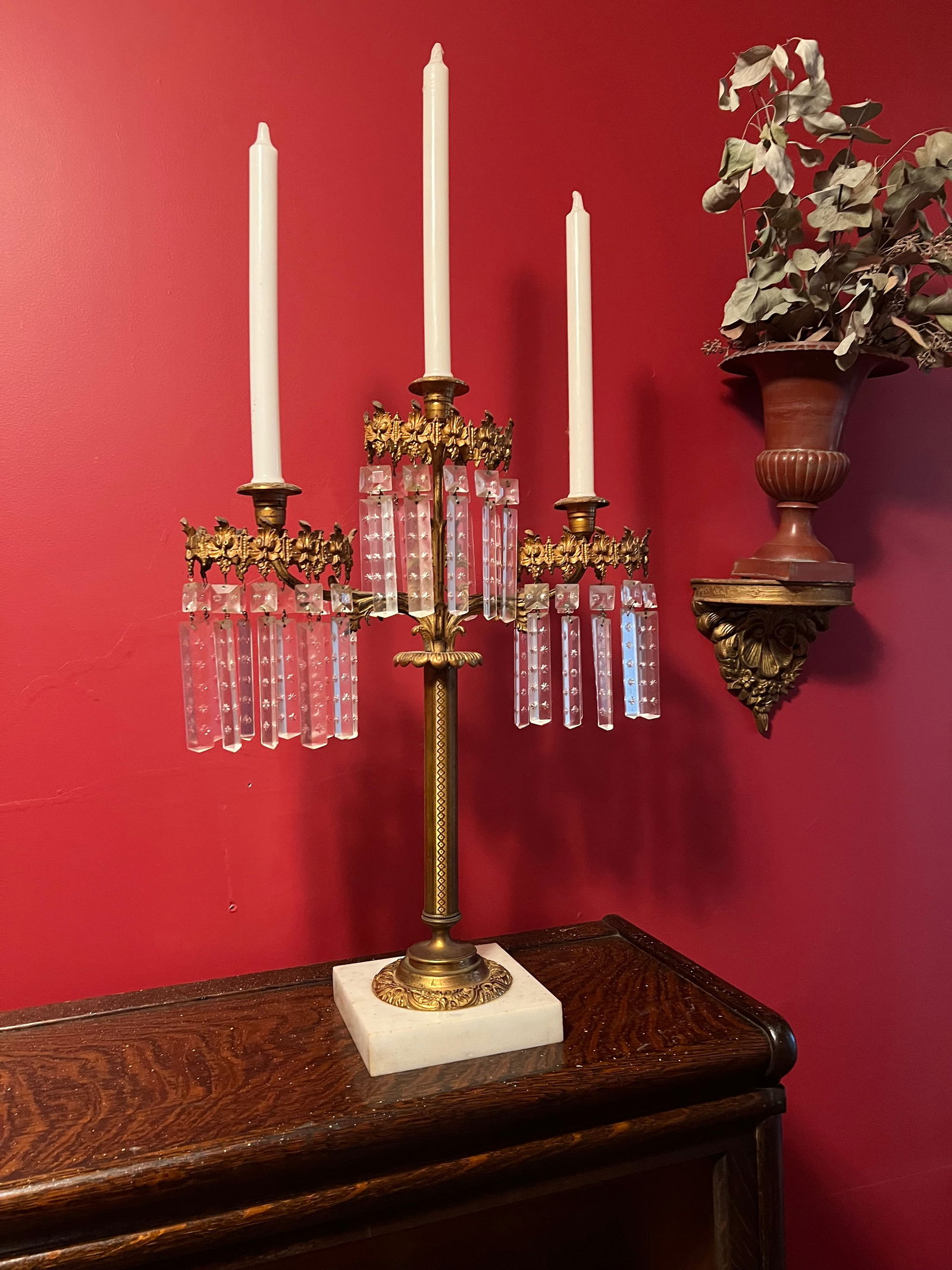 Brass Candleabra: Brass Candleabra. Marble base. Has prisms