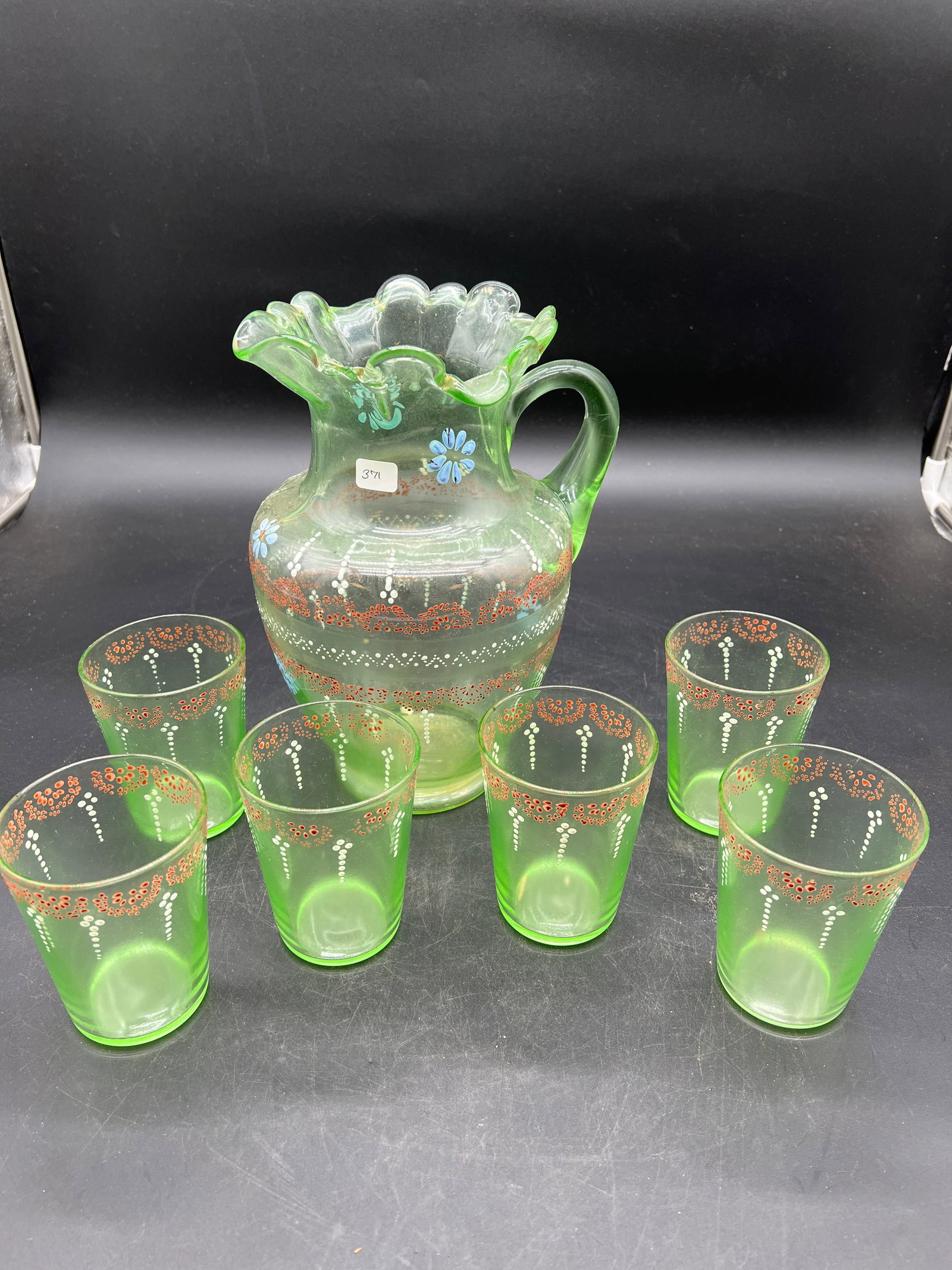 Uranium Art Glass Water Set: Uranium Glass Water Set. Pitcher and 6 cups. Applied decorations.