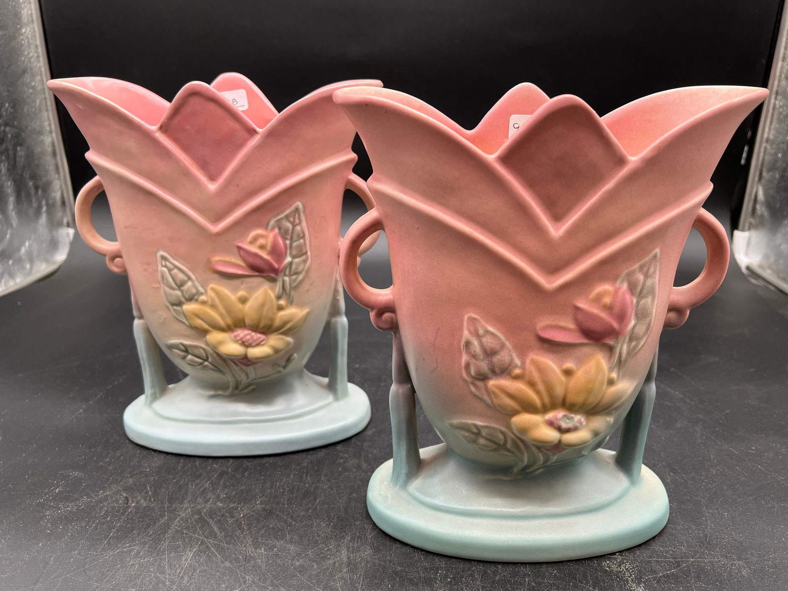Pair of Hull “Magnolia?? Double Handled Vases: Pair of Hull “Magnolia” Double Handled Vases