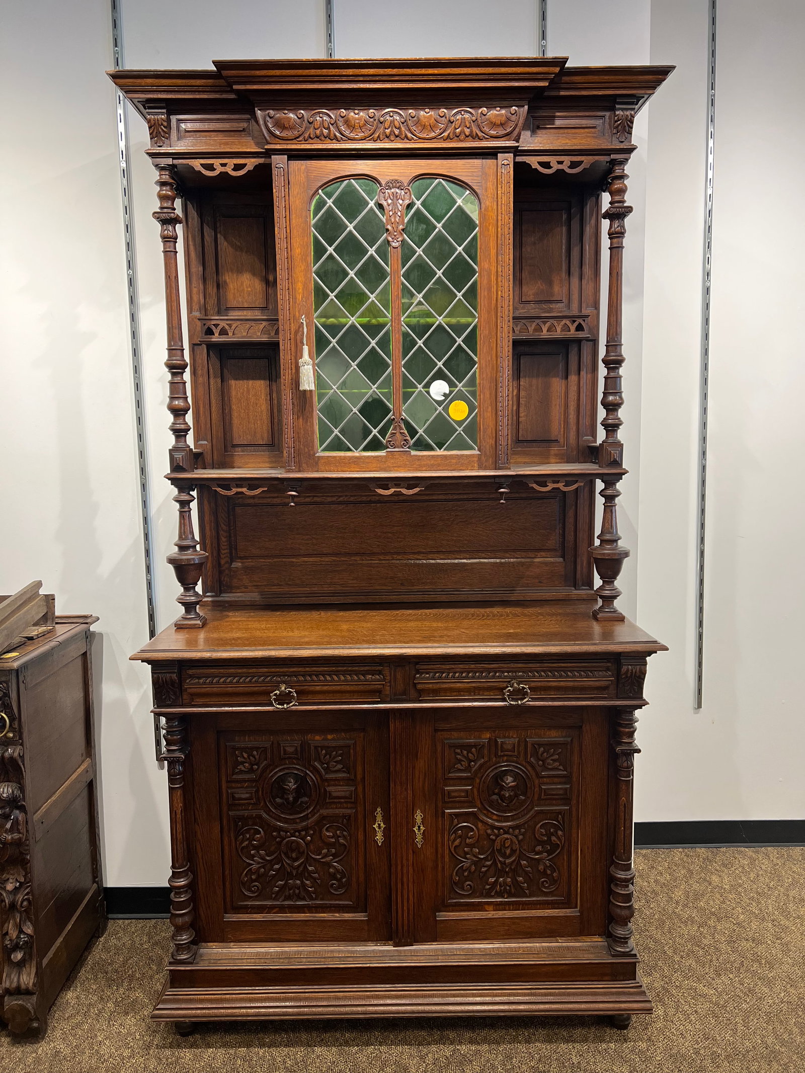 French Oak Hutch: French Oak Hutch. Likely from the late 1800’s to early 1900’s. Leaded glass doors