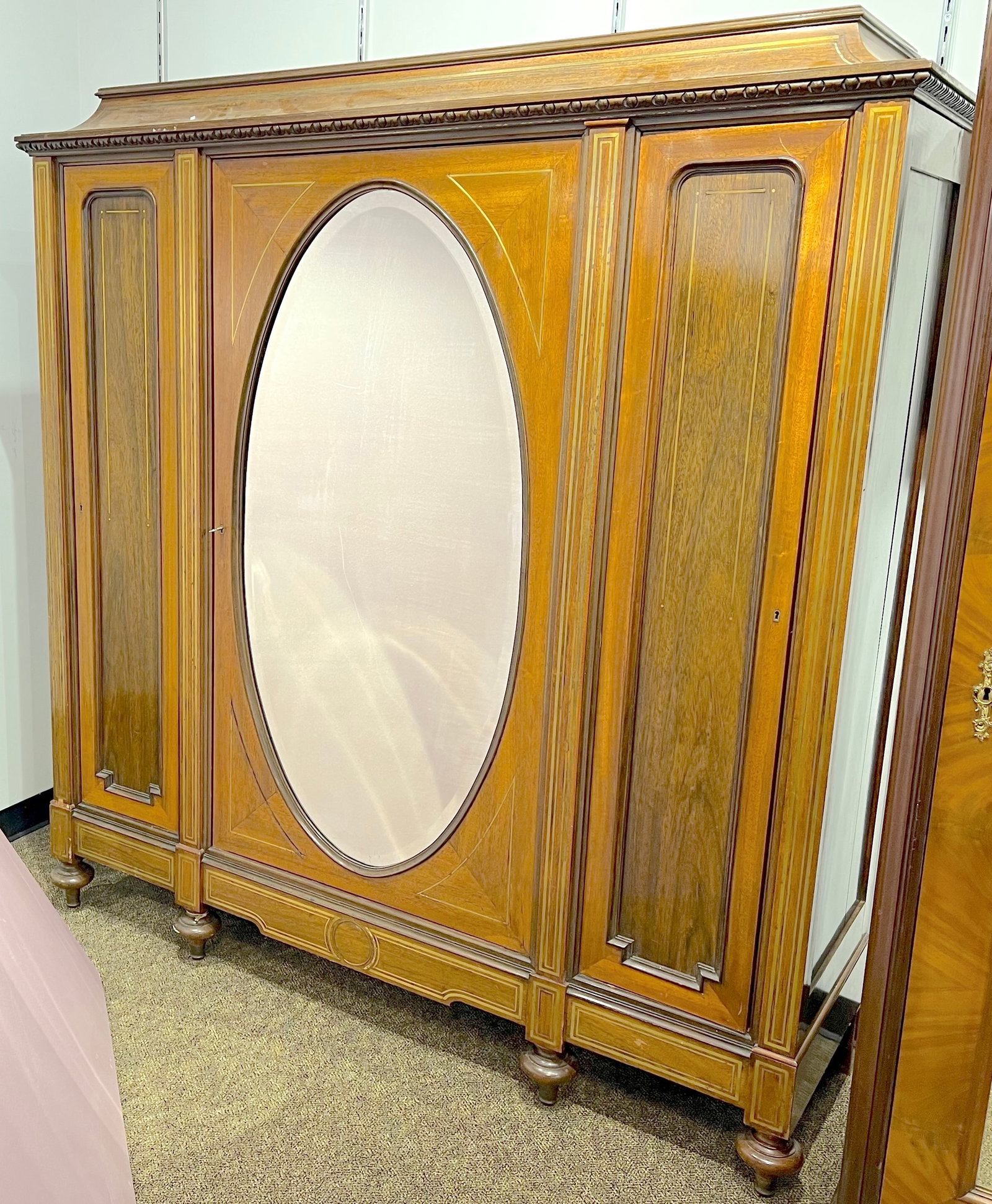 French Louis XV Style Walnut Armoire: French Louis XV Style Walnut Armoire. Bevelled mirror door. Banded Inlay