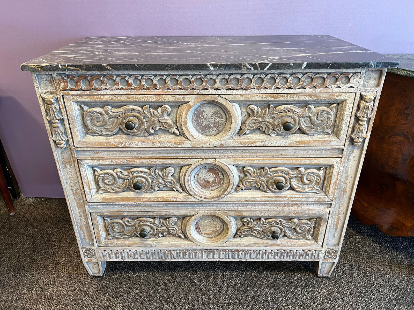 Louis XV Style Marble Top Commode: Louis XV Style Marble Top Commode. Painted or distressed finish
