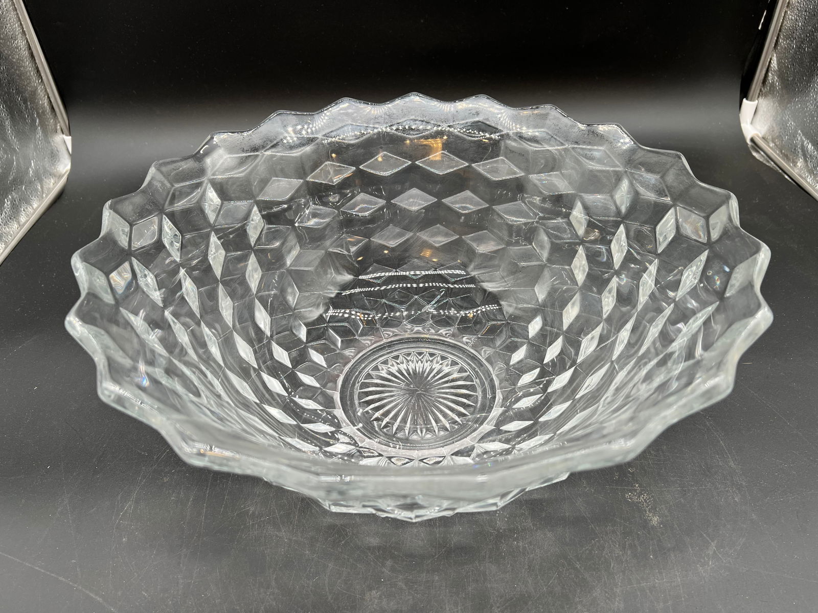 Fostoria American Pattern Clear Glass Punch Bowl: Fostoria American Pattern Clear Glass Punch Bowl. Cubist diamond-patterned exterior