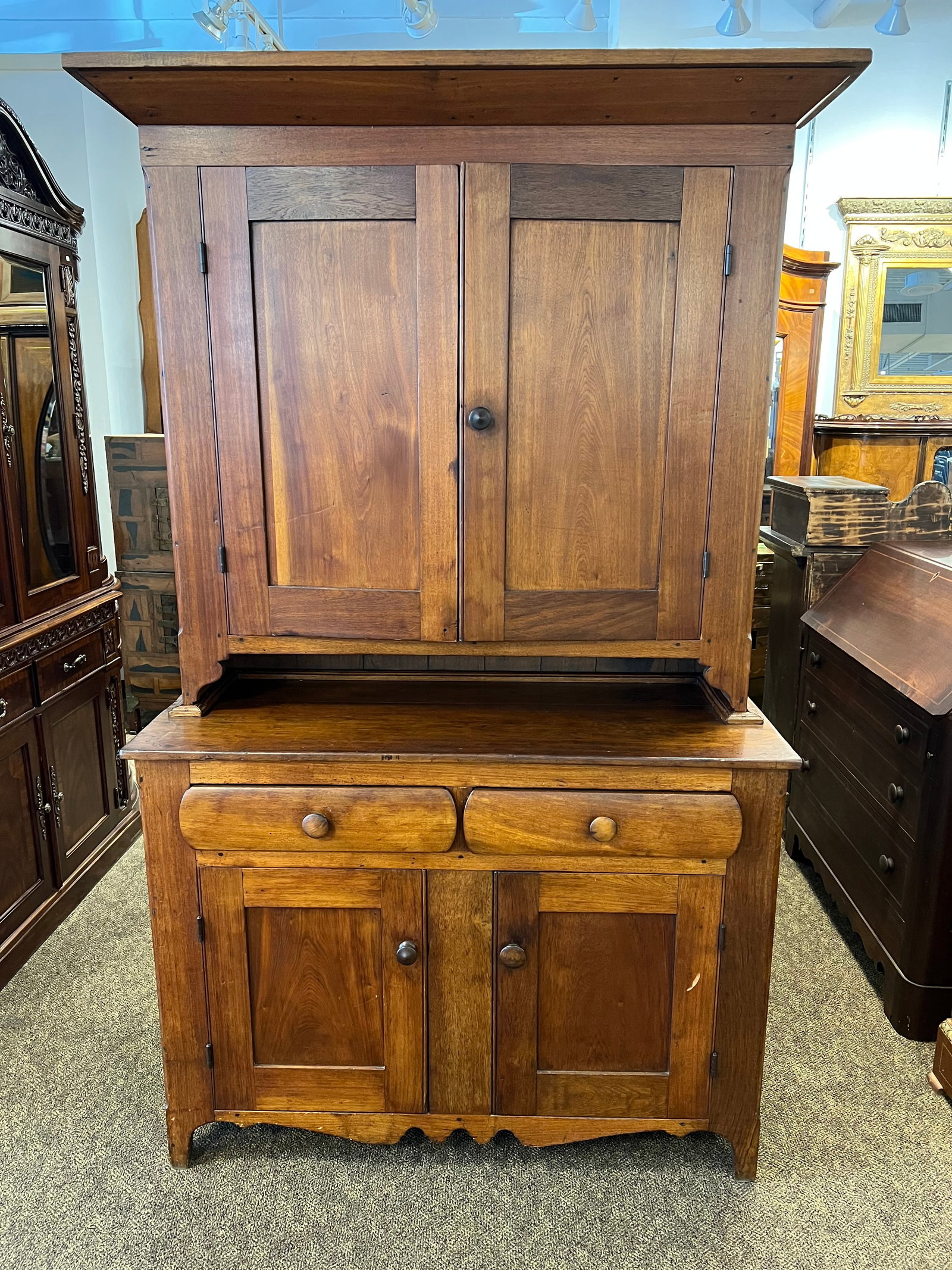 Walnut 2 pc. Step Back Cupboard: Walnut 2 pc. Step Back Cupboard. Great patina. Large, chamfered board back. Great quality.