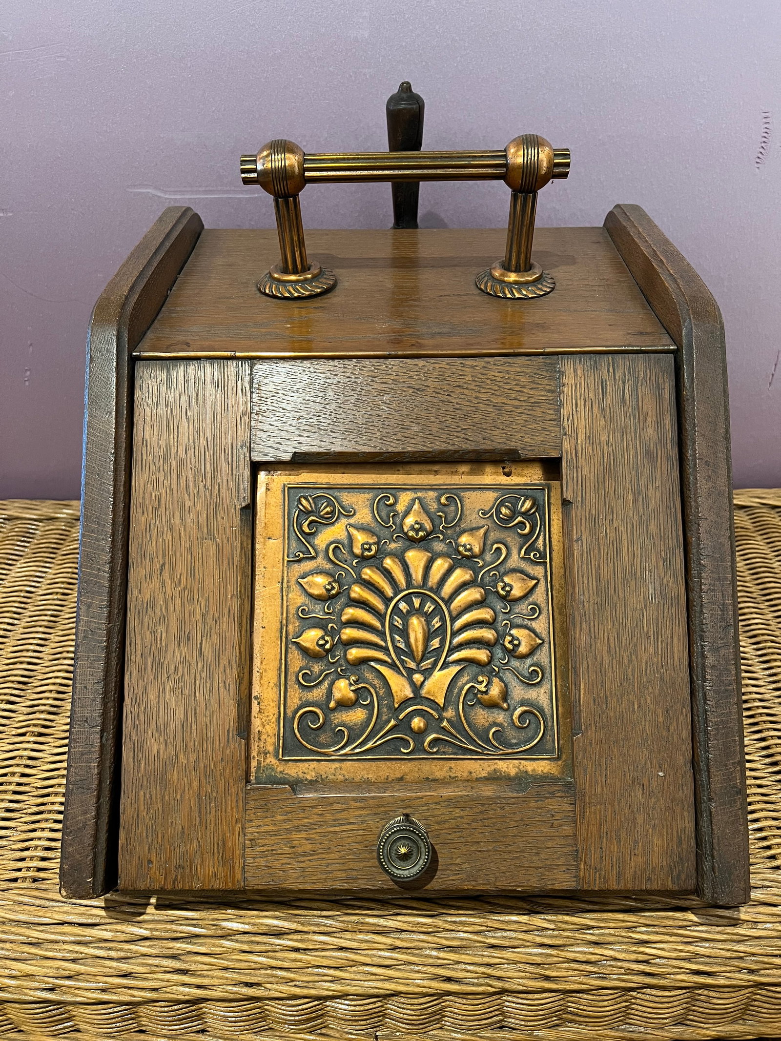 Wooden Coal Hod: Wooden Coal Hod. Does have liner and shovel. Liner is deteriorated
