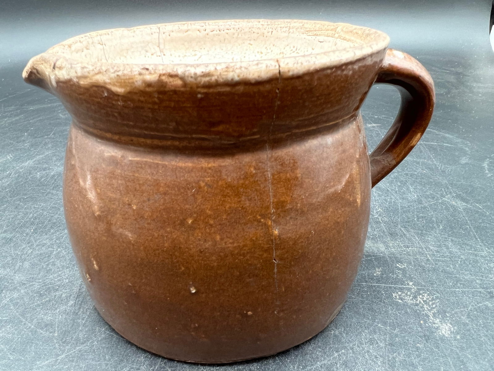 Early Brown Stoneware Pottery Pitcher - 4