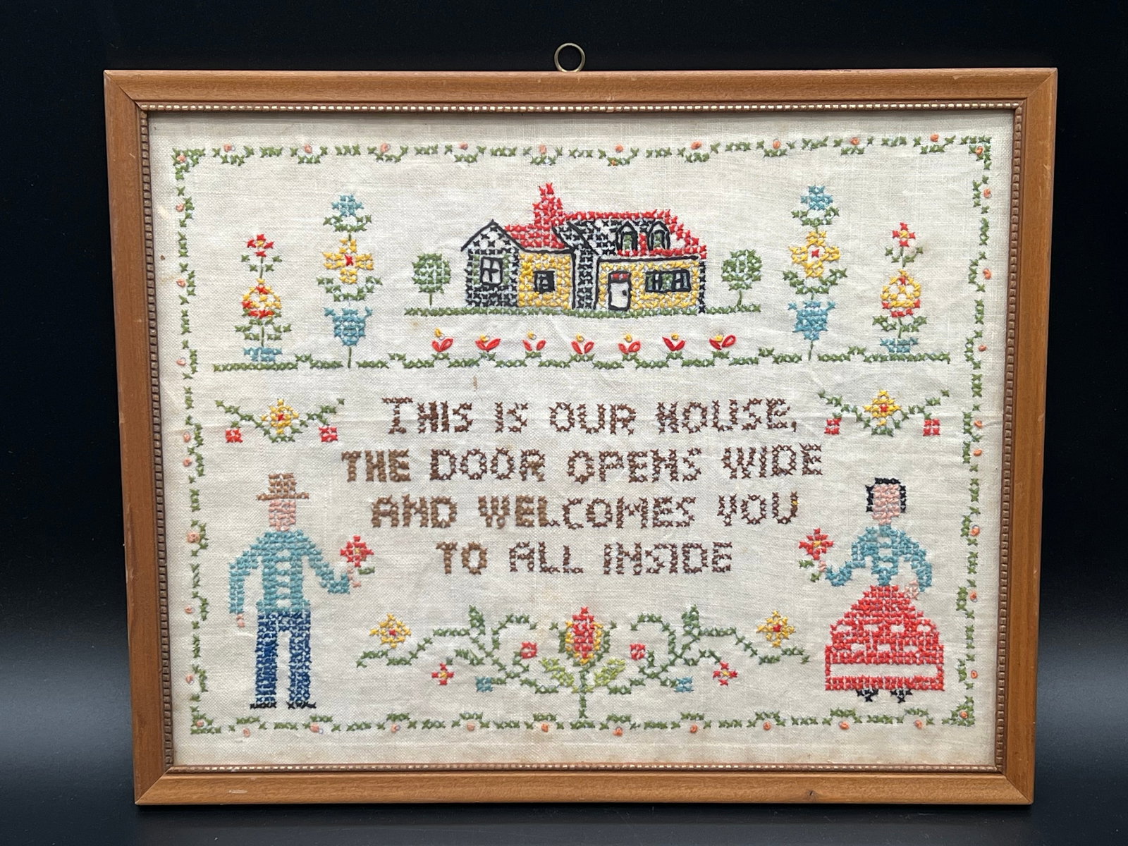Early Needlepoint in Frame: Early Needlepoint in Frame. “This is our house, the door opens wide and welcomes you to all inside”