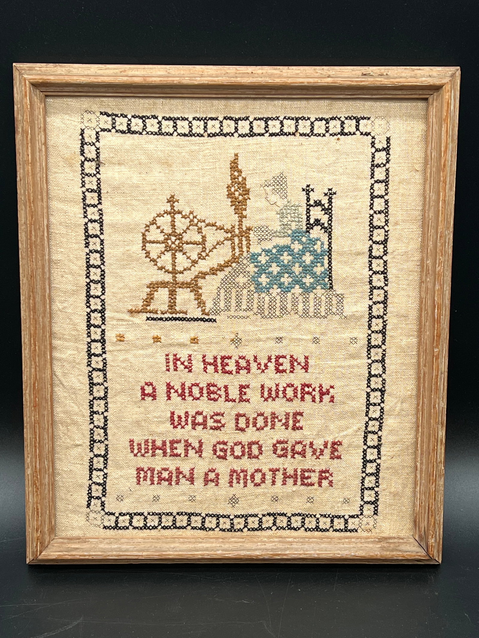 Early Needlepoint in Frame: Early Needlepoint in Frame. "In heaven a noble work was done when god gave man a mother”