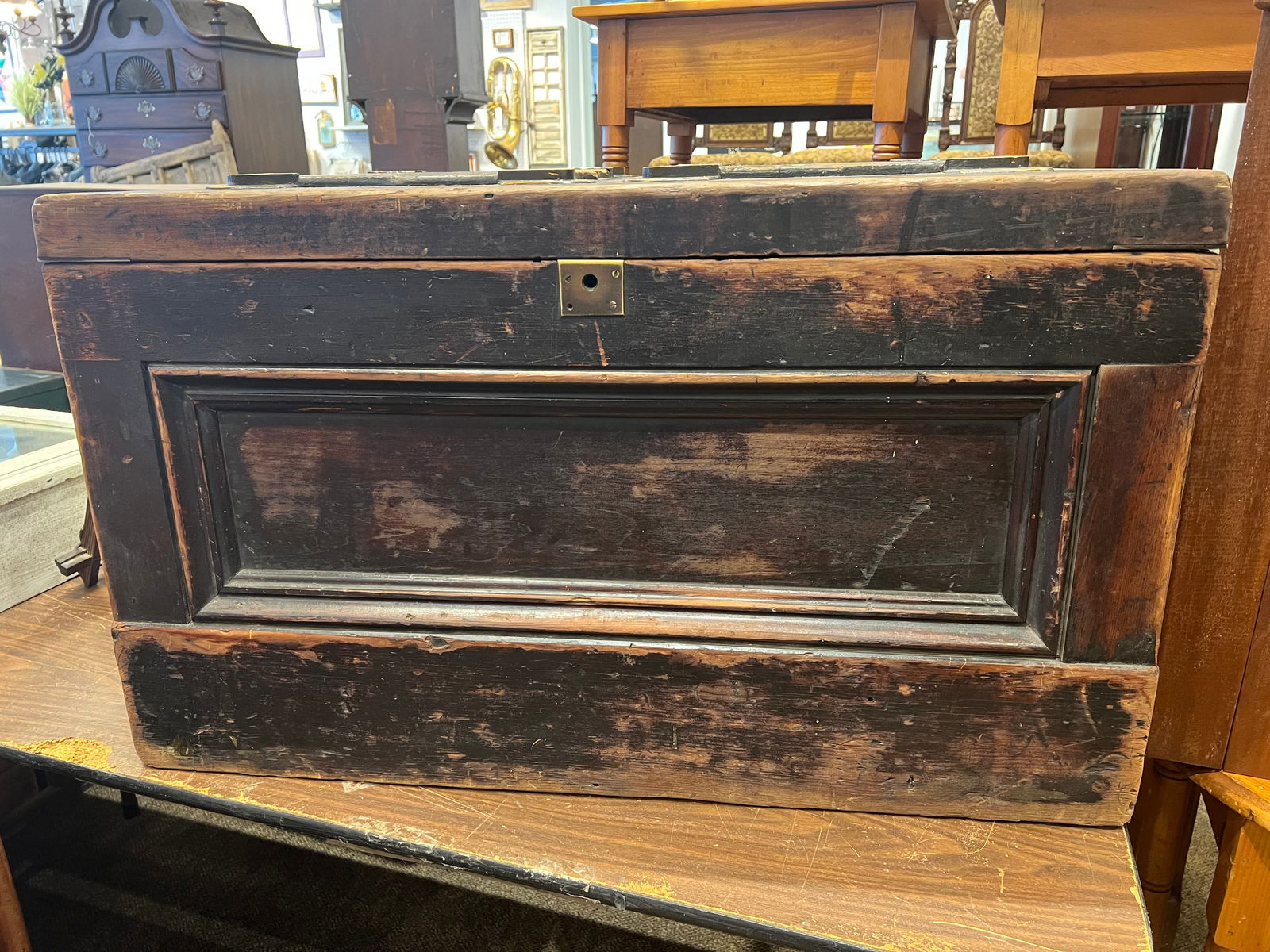 Early carpenters tool box w/inlay: Early carpenters tool box w/inlay and saw case.