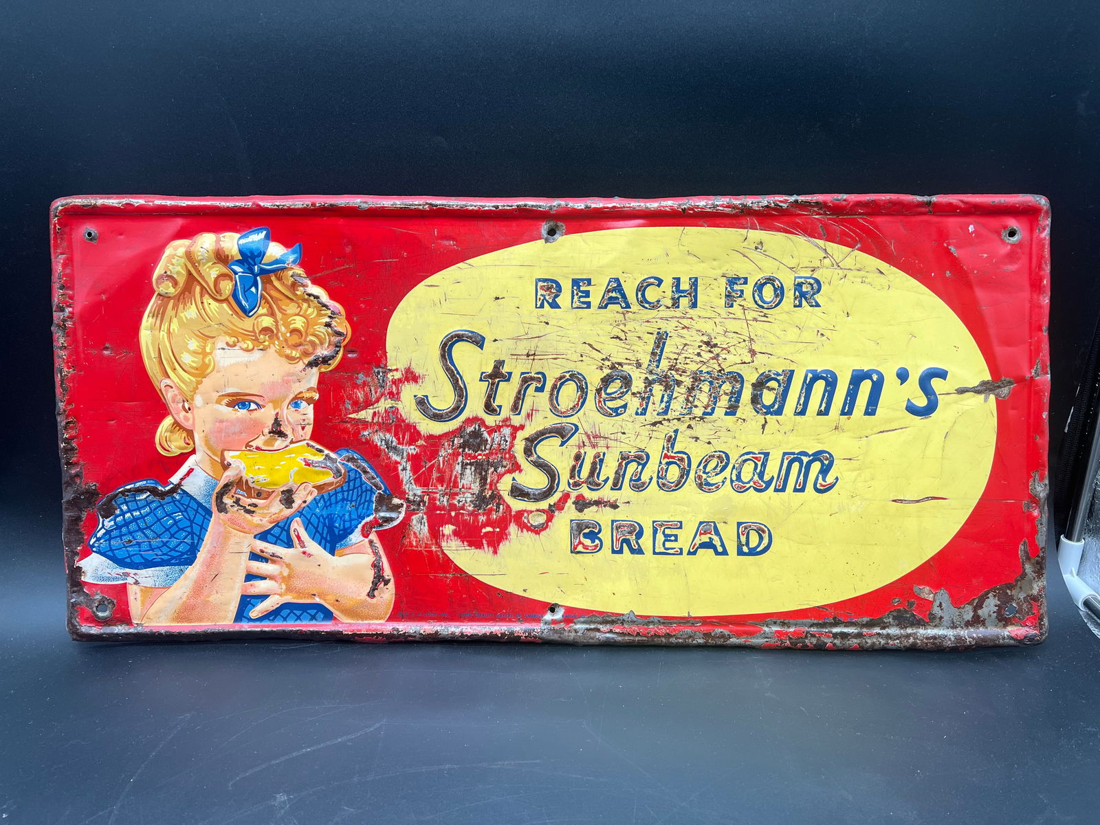 Early Metal Stroehmann’s Sunbeam Bread Advertising Sign: Early Metal Stroehmann’s Sunbeam Bread Advertising Sign