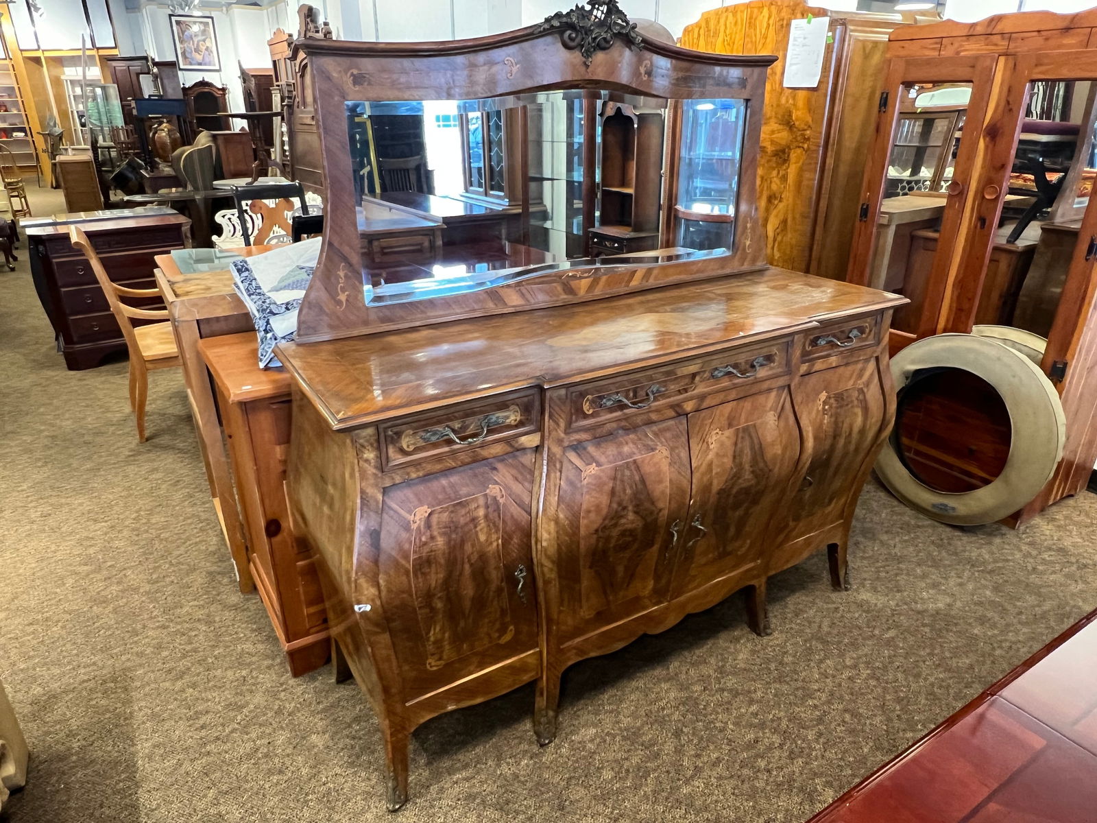 Walnut Sideboard with Mirror: Walnut Sideboard with Mirror. French bombay.