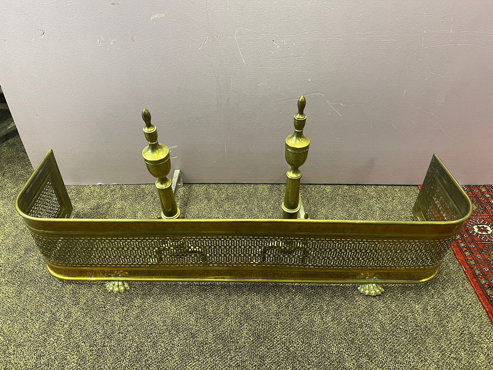 Brass Fire Screen and Andirons: Brass Fire Screen and Andirons