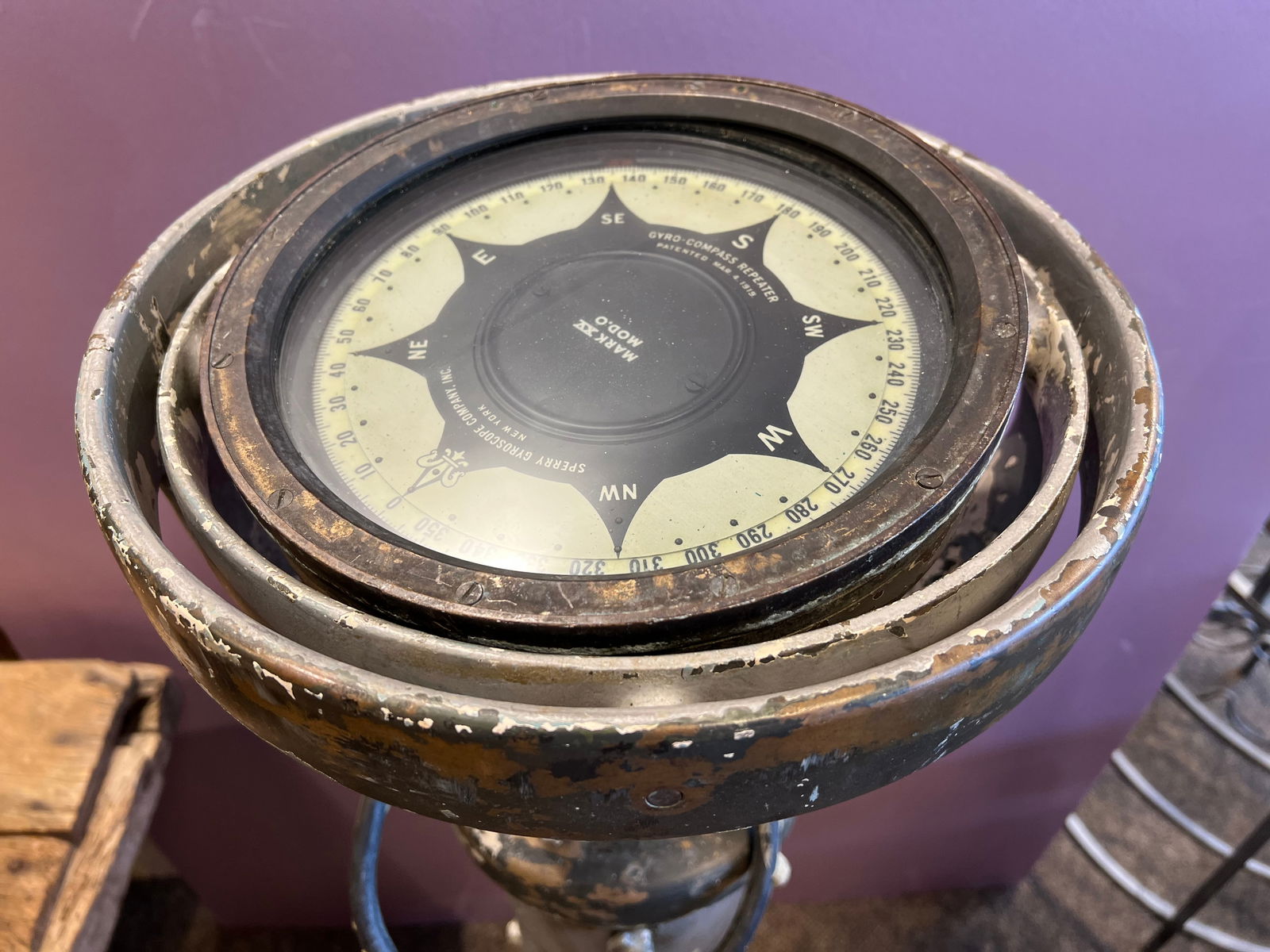 Sperry Gyroscope Co. Early Brass Binnacle compass. - 4