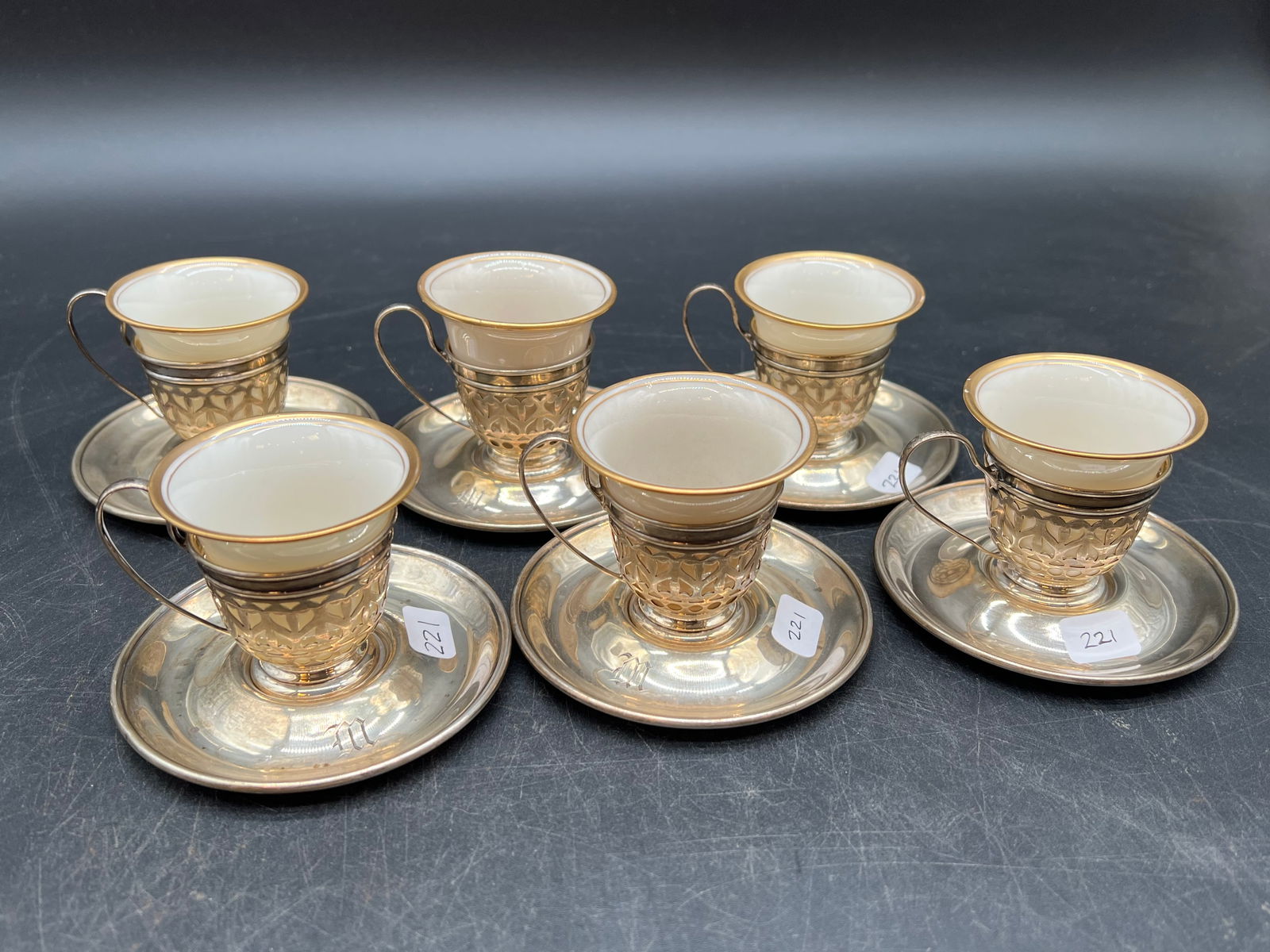 Set of 6 Lenox Sterling Silver Demitasse Cup Holder and Saucer: Set of 6 Lenox Sterling Silver Demitasse Cup Holder and Saucer. Weighs 324 grams