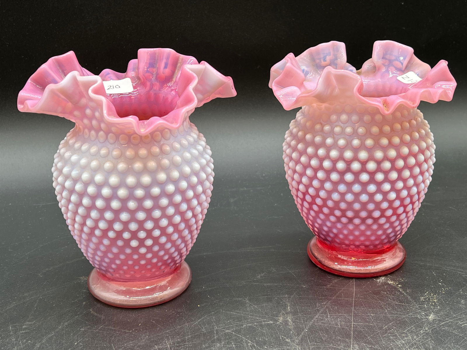 Pair of Vintage Fenton Cranberry Glass Opalescent Hobnail Vase: Pair of Vintage Fenton Cranberry Glass Opalescent Hobnail Vase. Cranberry to opalescent white