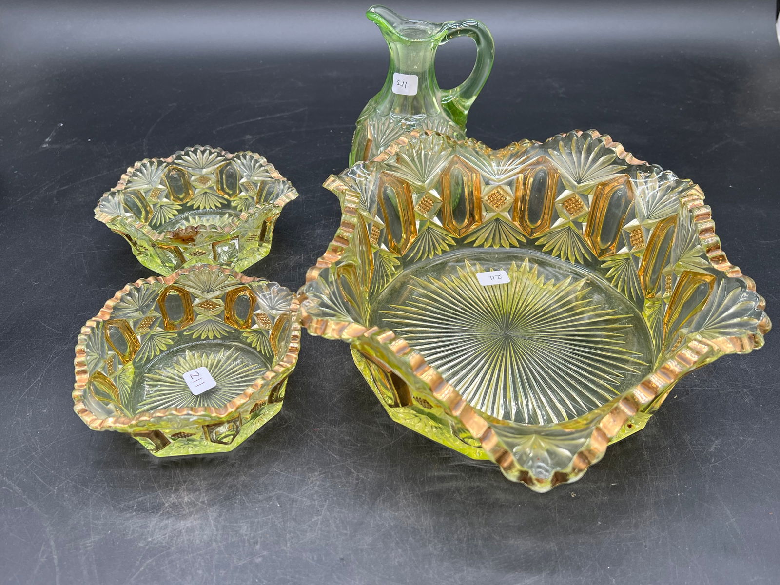 4 pc. Federal Uranium Glass Bowls & Cruet: 4 pc. Federal Uranium Glass Bowls & Cruet