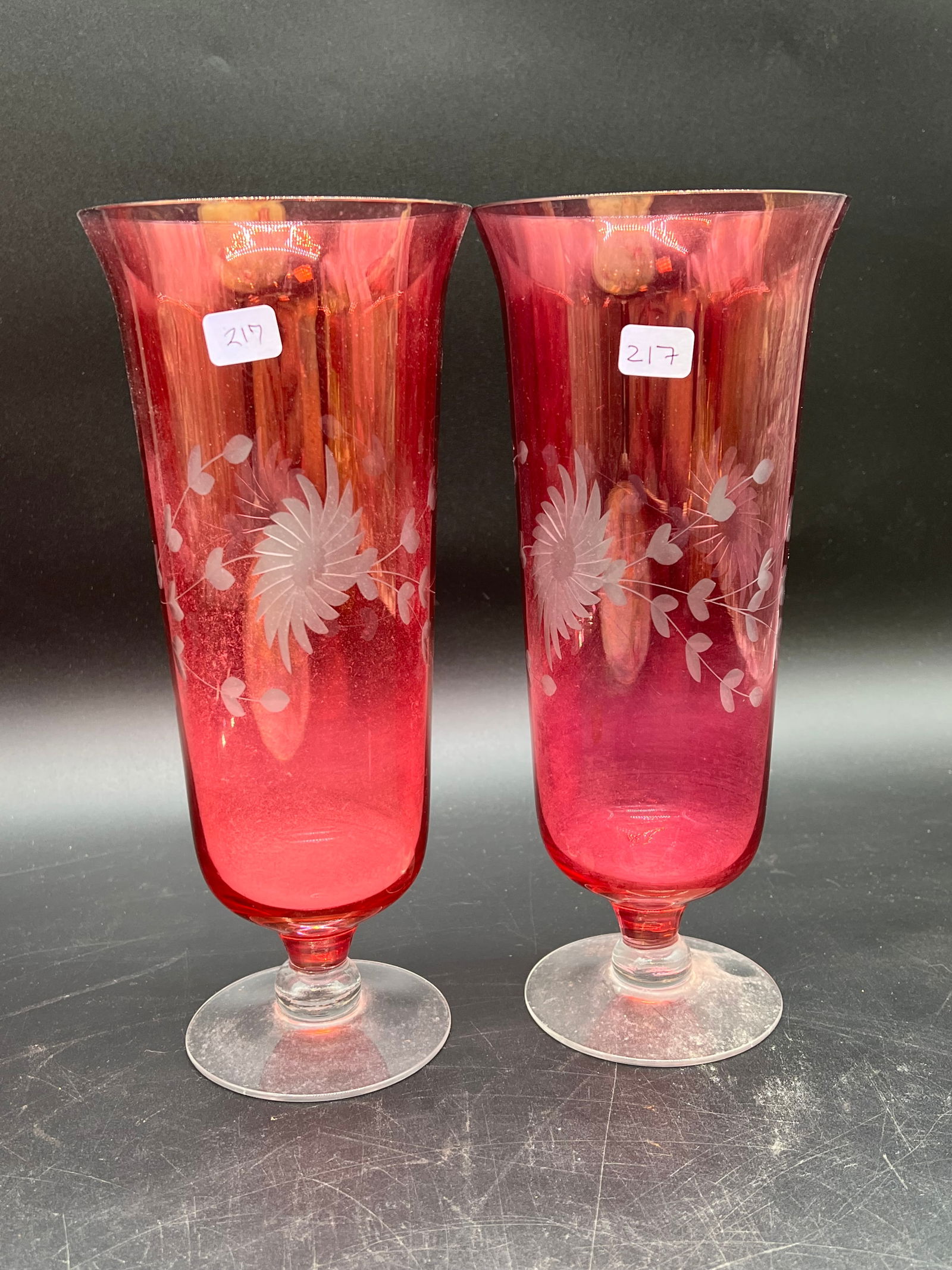 Pair of Cranberry Etched Glass Vases: Pair of Cranberry Etched Glass Vases