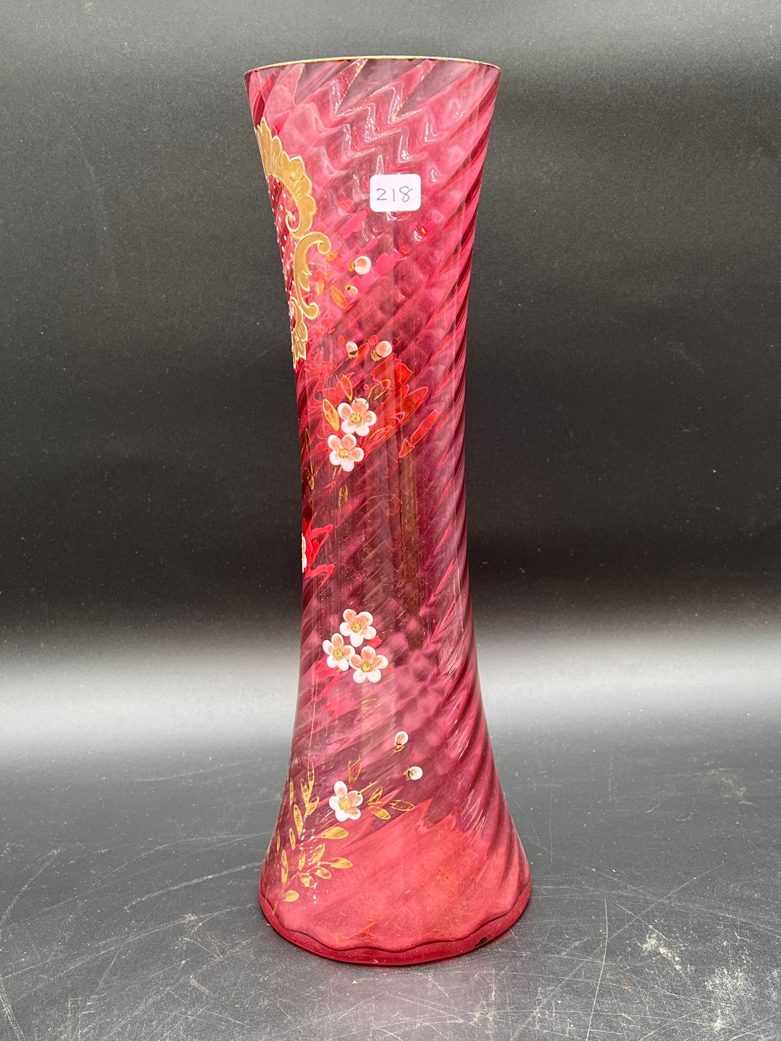 Cranberry Swirl Art Glass Vase: Cranberry Swirl Art Glass Vase. Applied toothpick enameling