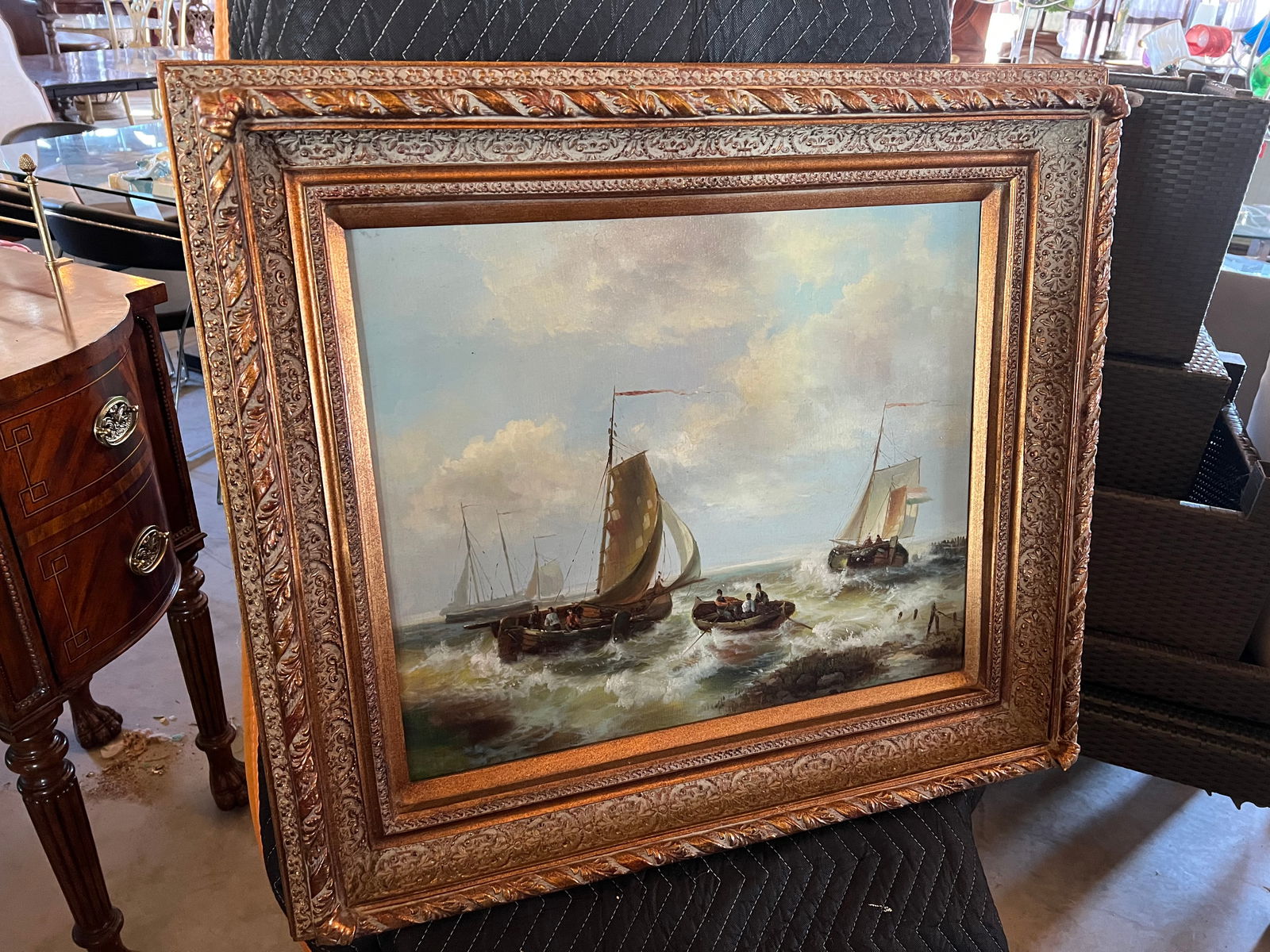 Oil on Canvas Painting - Sailboat Scene (1 of 5)