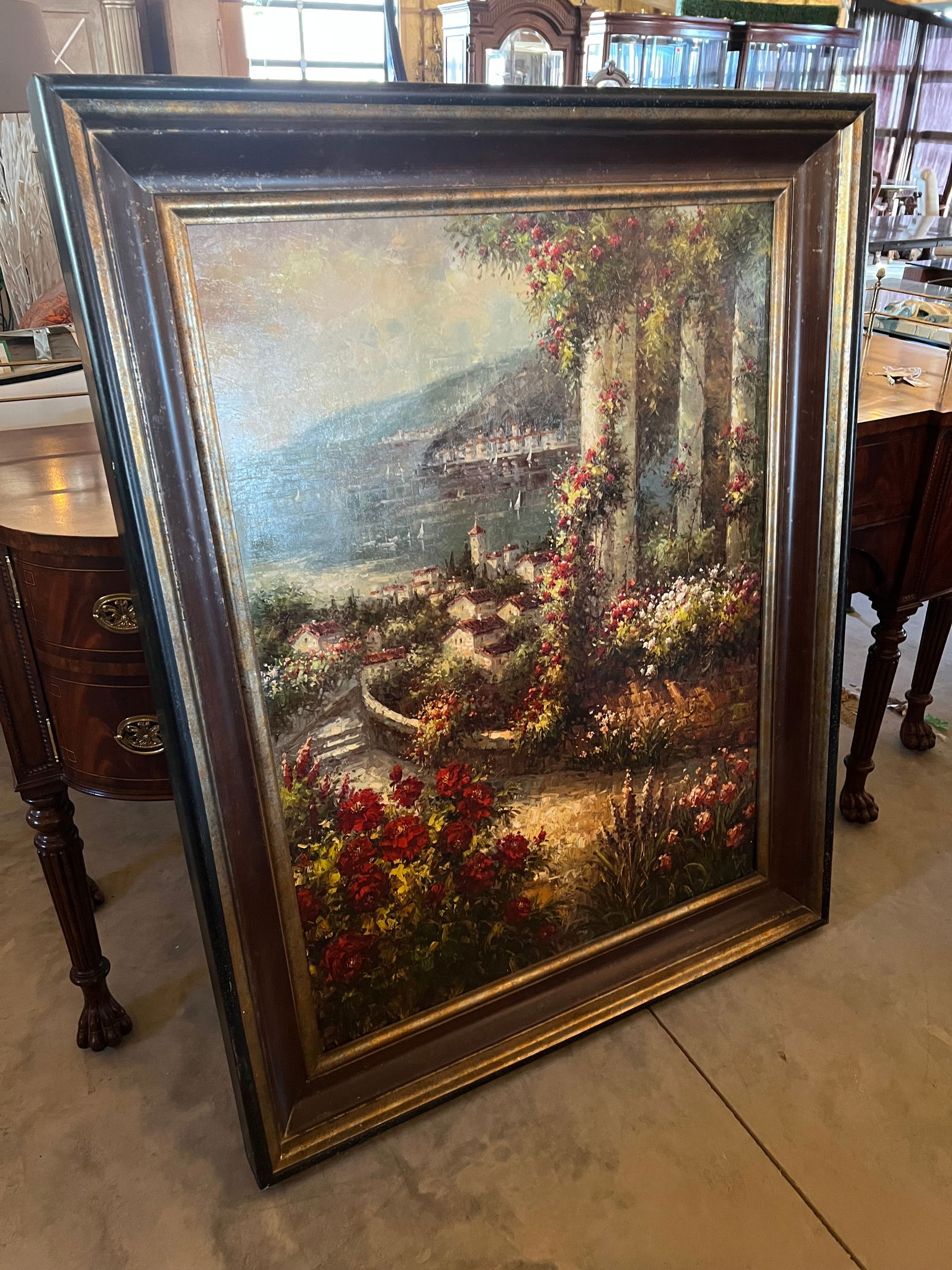 Large Oil on Canvas - Mediterranean style Garden Path: Large Oil on Canvas - Mediterranean style Garden Path. In Jesse frame