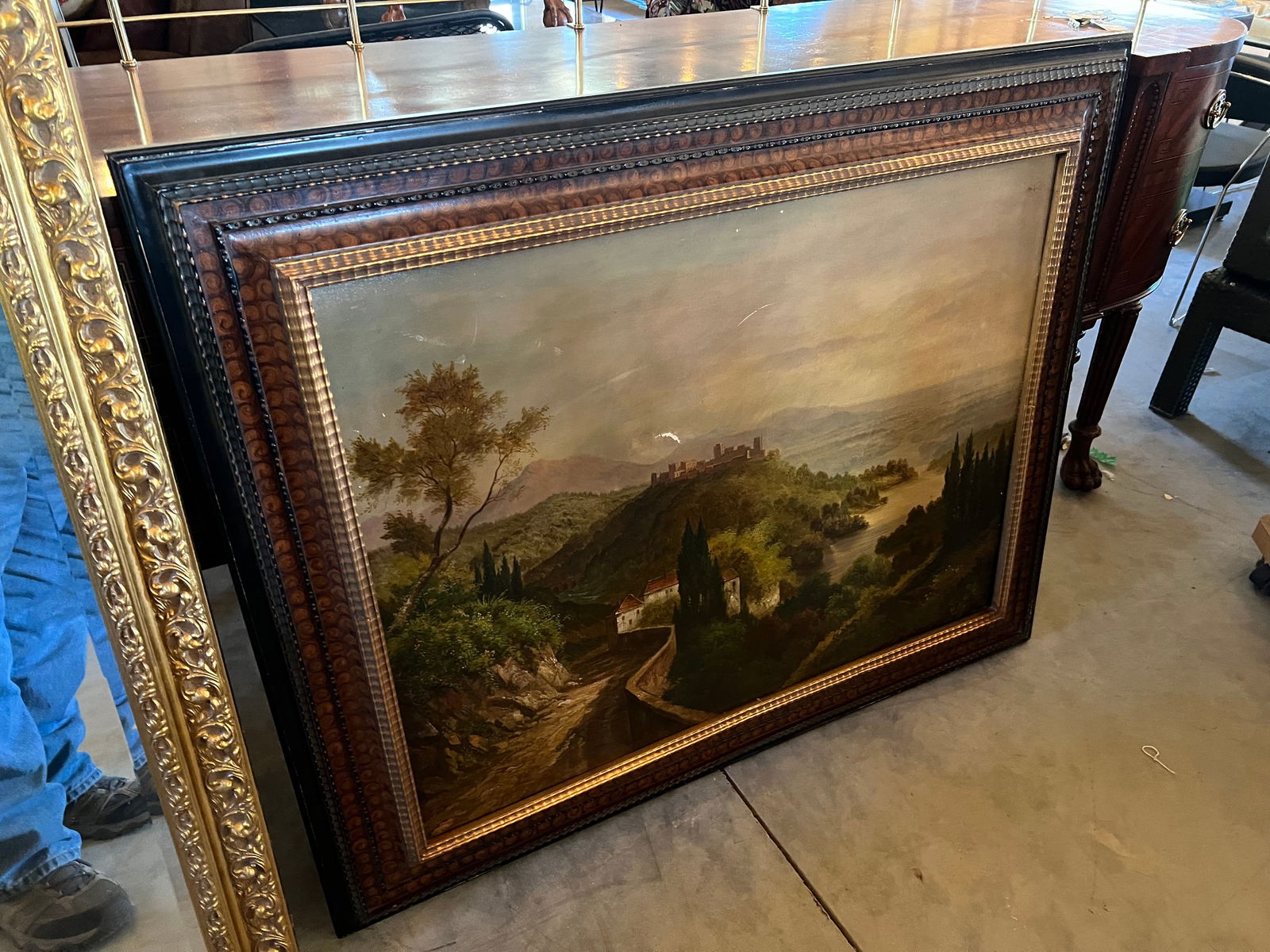 Large Oil on Canvas - Caslte Pathway: Large Oil on Canvas - Caslte Pathway. In wooden frame