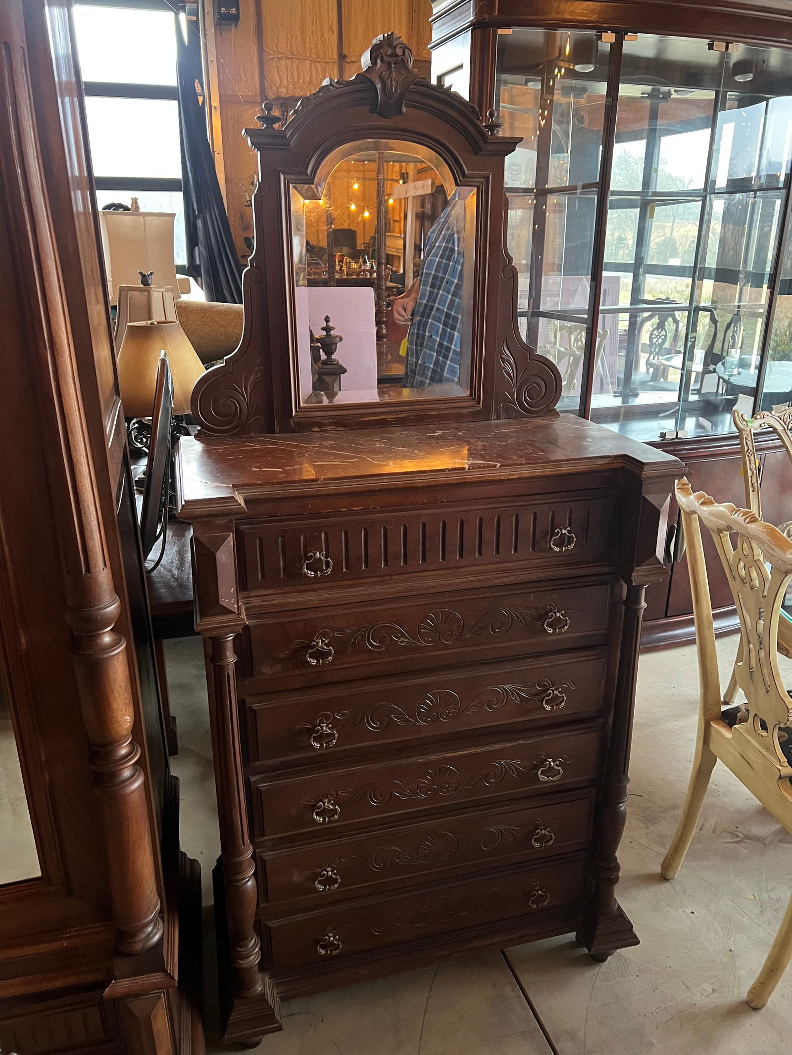Walnut Marble top Chest w/Bevelled mirror (1 of 6)