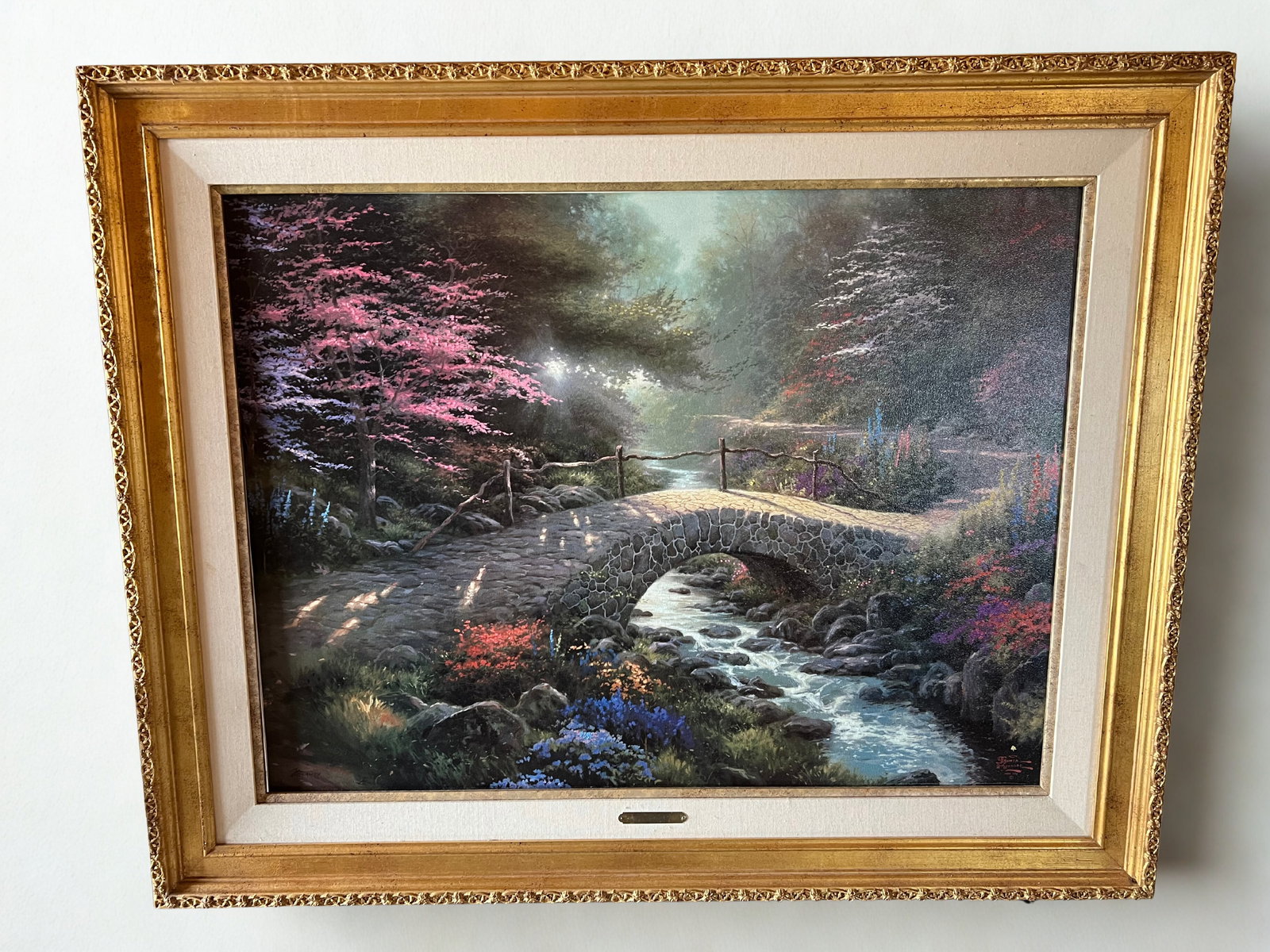Thomas Kinkade "Bridge of Faith" Oil on Canvas: Thomas Kinkade "Bridge of Faith" Oil on Canvas. In Jesso Frame