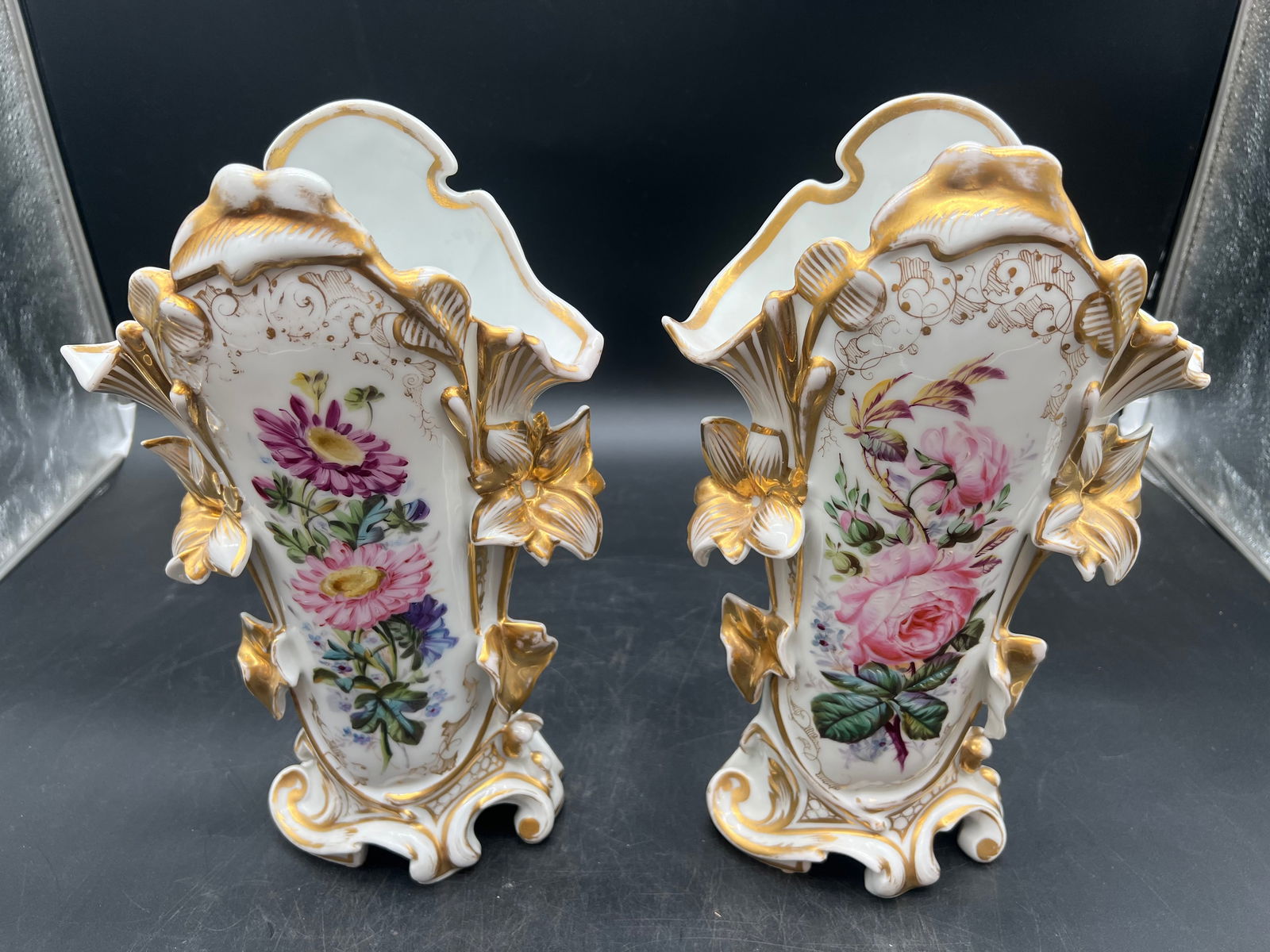 Pair of Hand Painted and Gilt Floral Old Paris Porcelain Spill Vases (1 of 5)