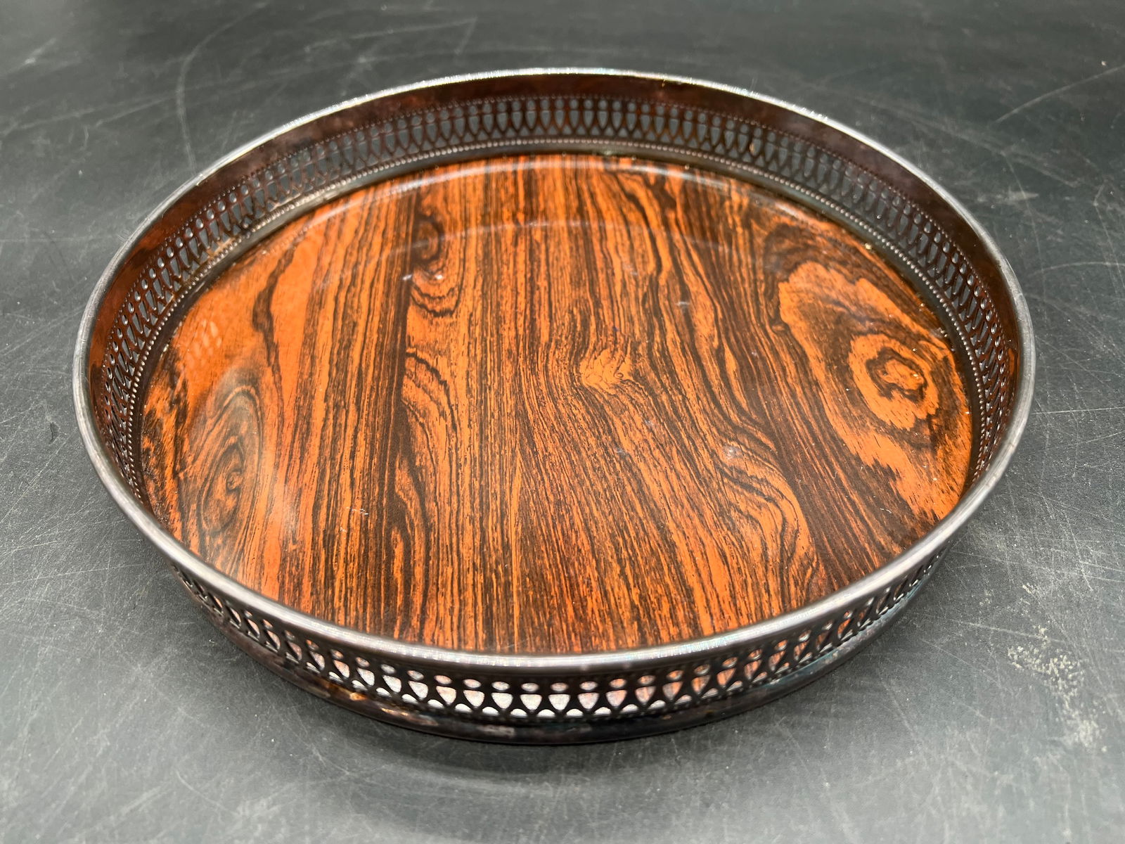 Sheffield Silver Plate Serving Tray with Wood Grain Formica Surface (1 of 5)