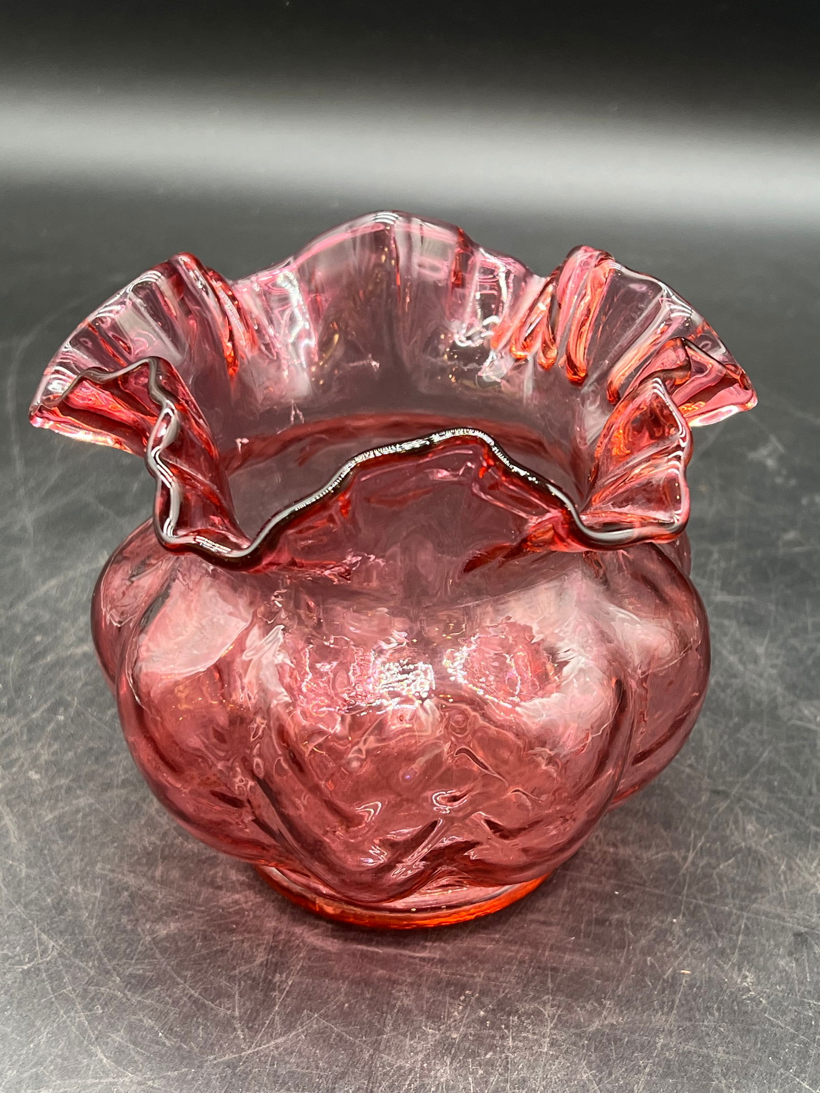 Fenton Glass Cranberry Diamond Optic Ruffled Melon Rose Bowl (1 of 5)