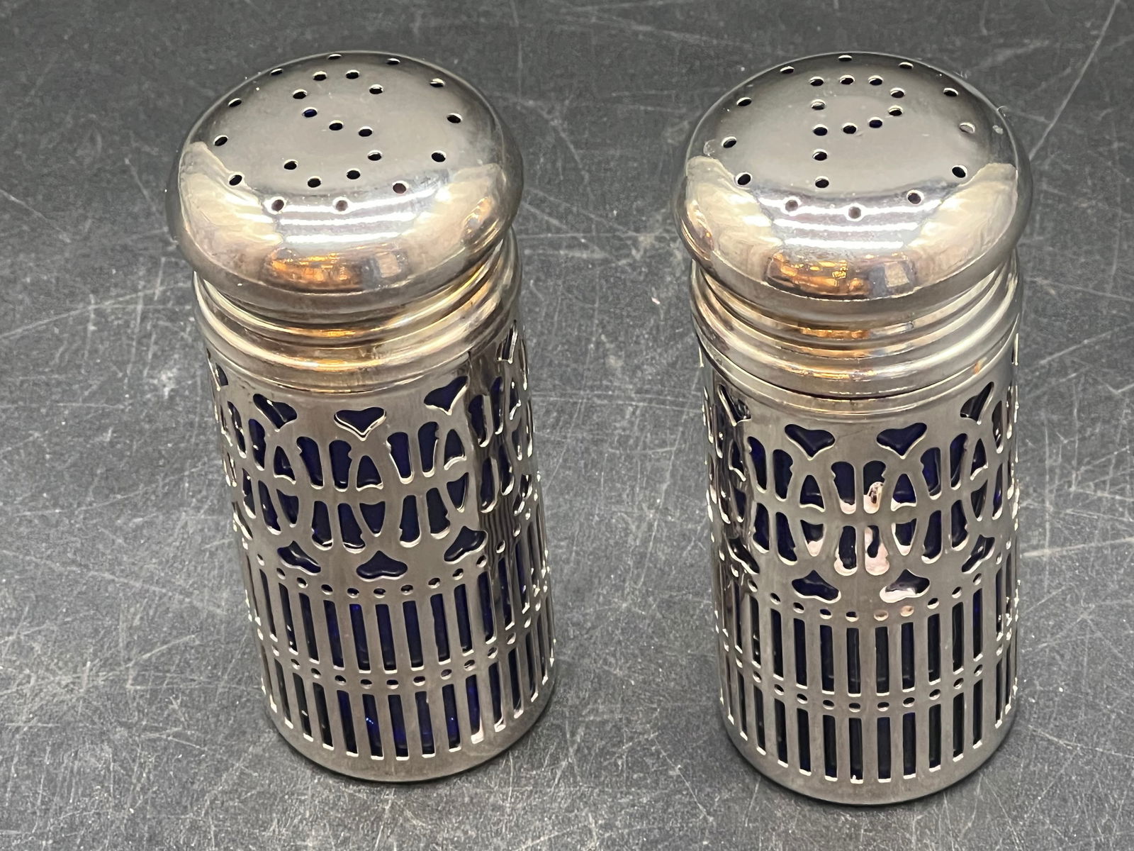 Pair of Silverplate/Cobalt Blue Salt and Pepper Shakeers: Pair of Silverplate/Cobalt Blue Salt and Pepper Shakeers