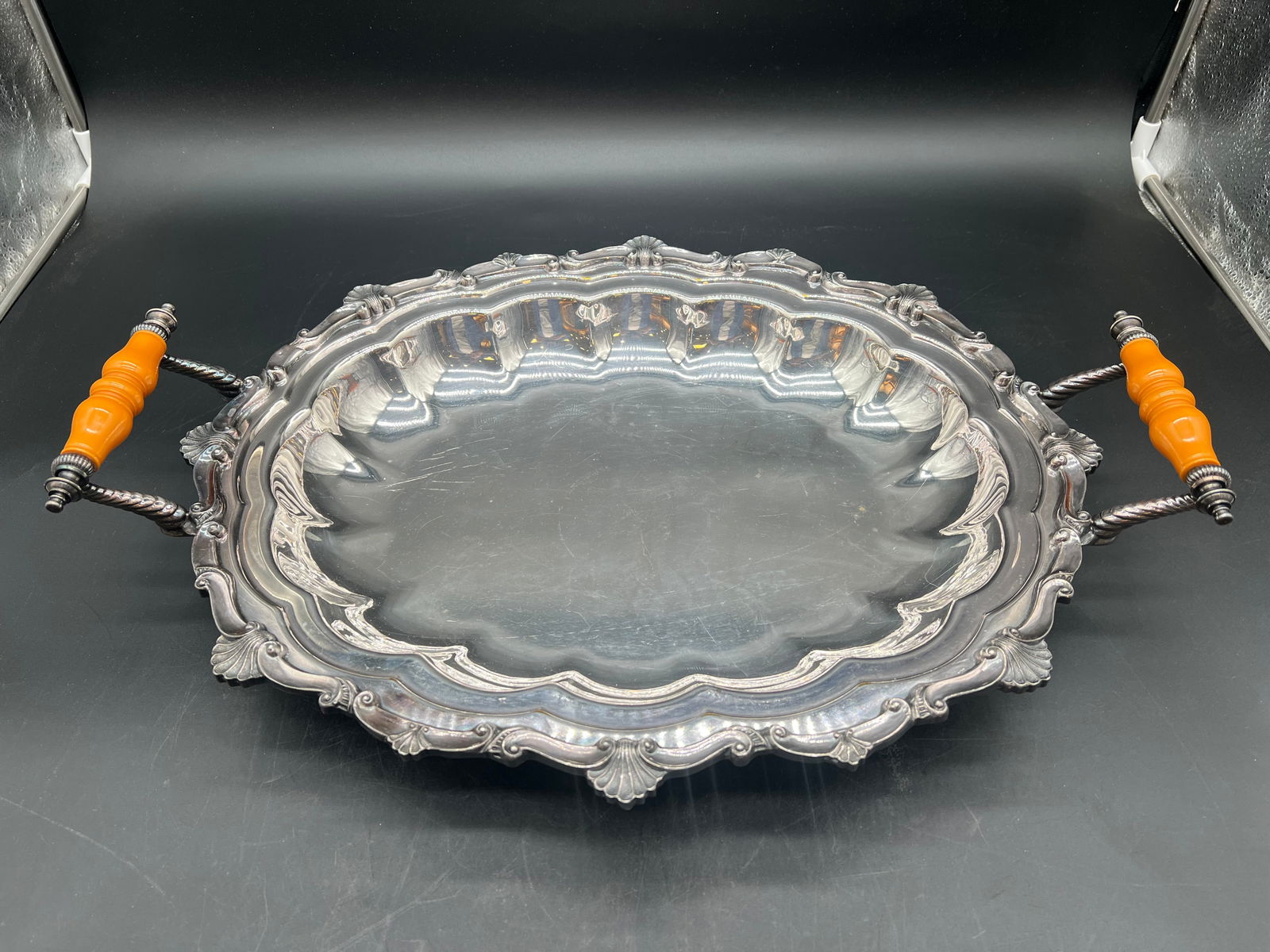 Silver on Copper Serving Tray w/Wooden Handles (1 of 6)