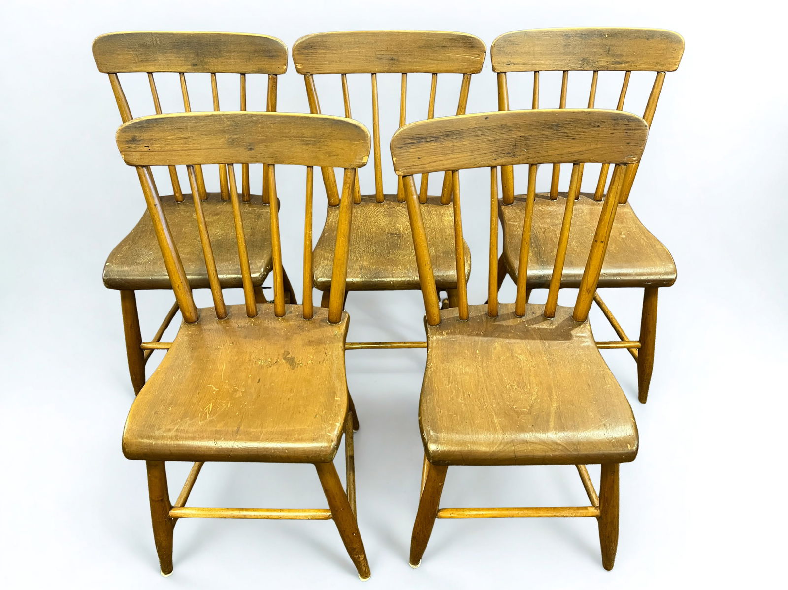 Lot of 5 Primitive Poplar Spindle Back Chairs: Lot of 5 Primitive PoplarSpindle Back Chairs