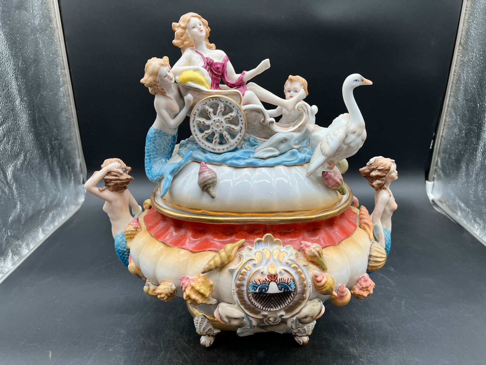 Dresden Ceramic Lidded Tureen: Dresden Ceramic Lidded Tureen. Mermaid handles