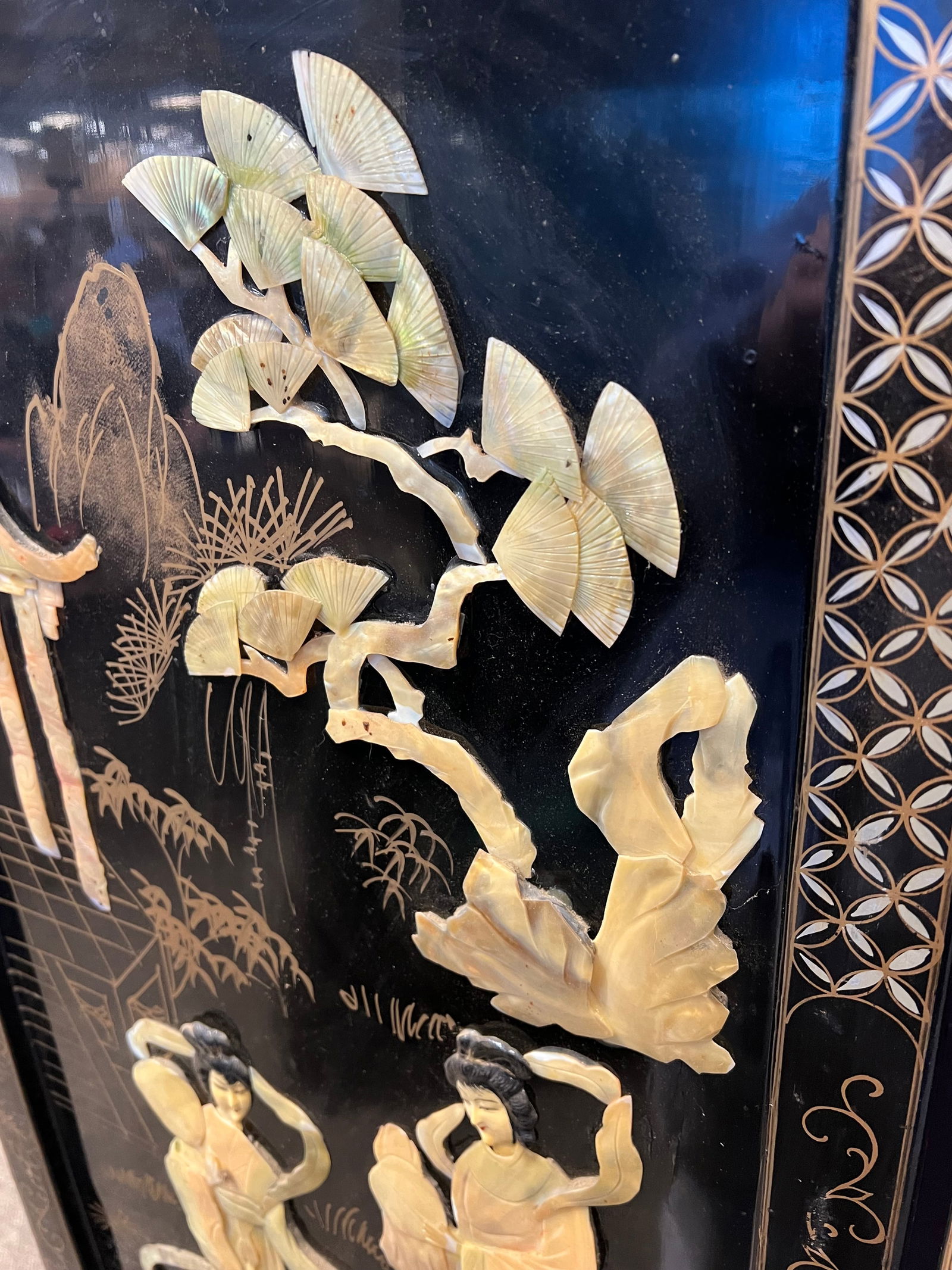 4 Panel Black Oriental Screen - 11