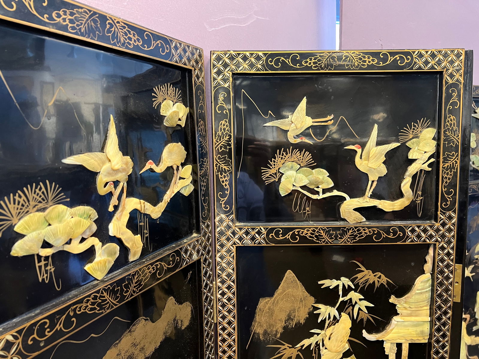 4 Panel Black Oriental Screen - 2