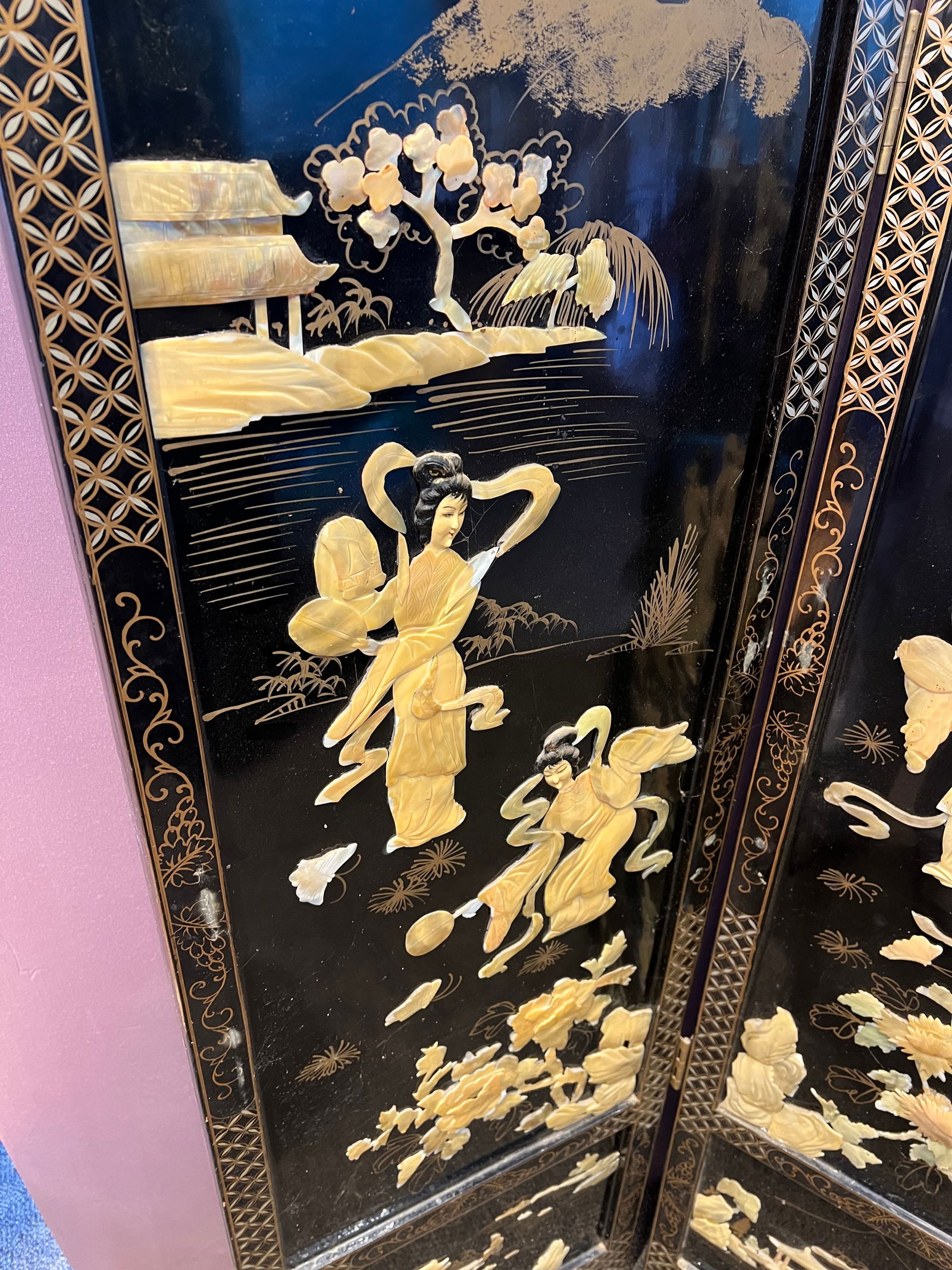 4 Panel Black Oriental Screen - 3