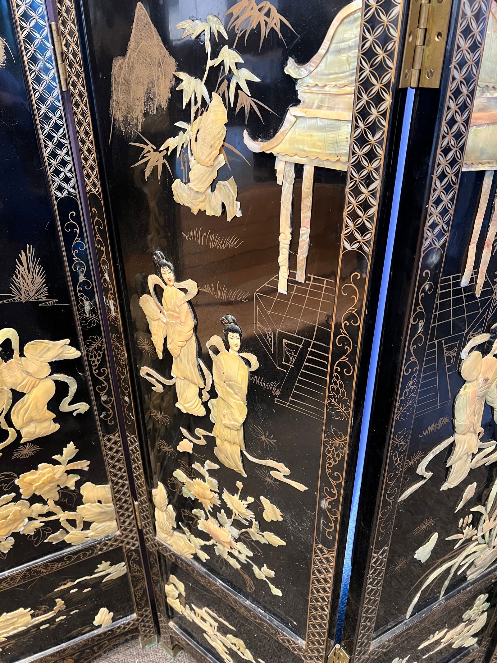 4 Panel Black Oriental Screen - 4