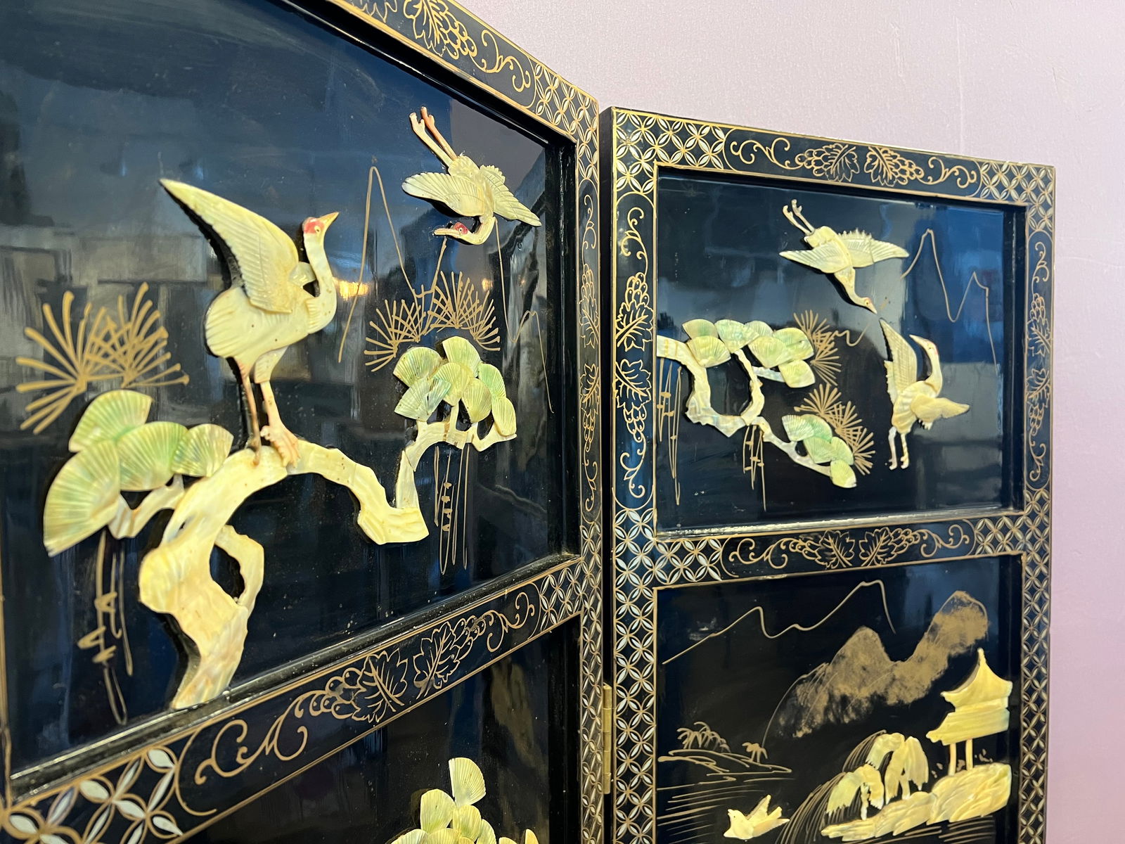 4 Panel Black Oriental Screen - 6