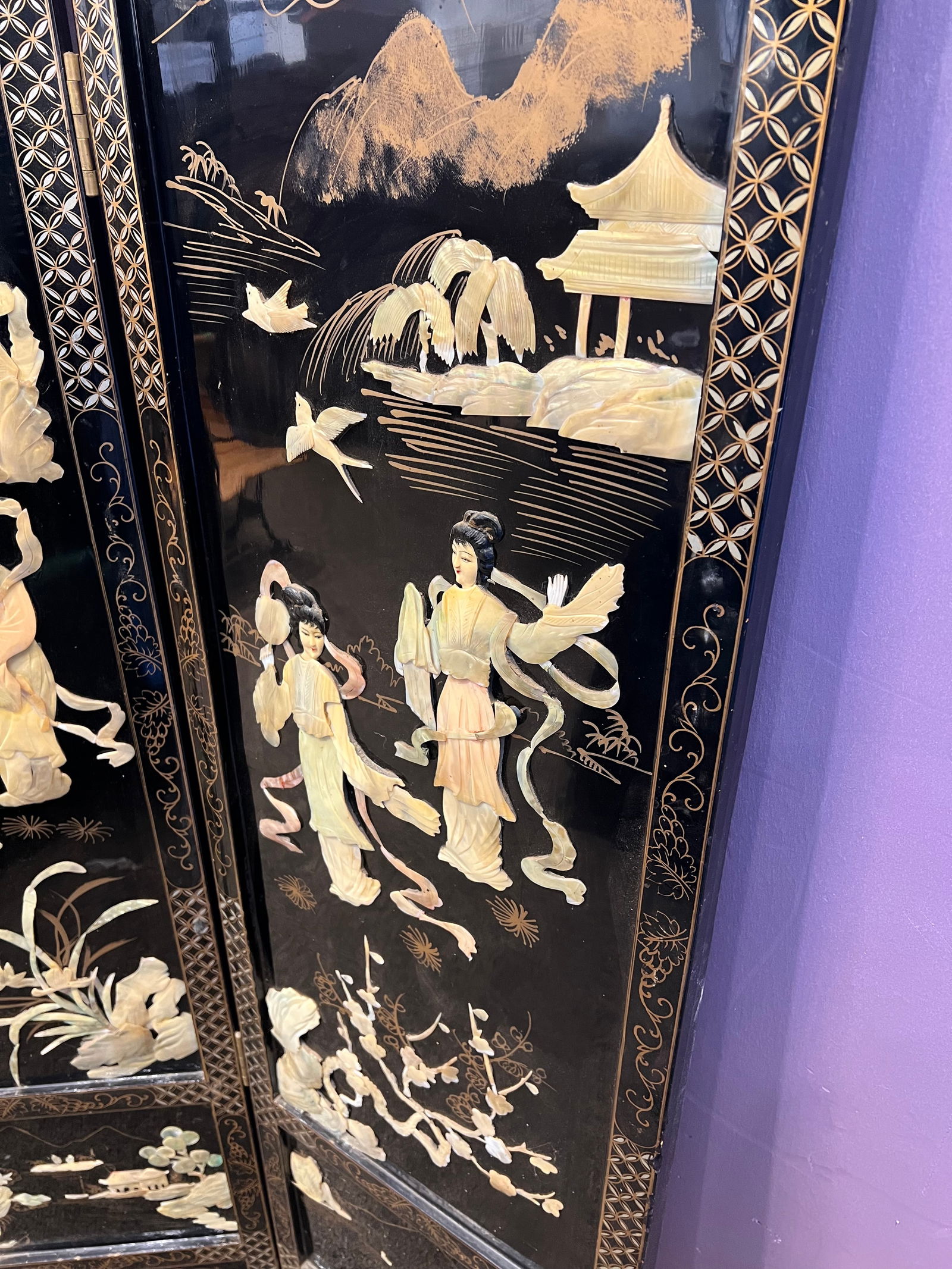4 Panel Black Oriental Screen - 7