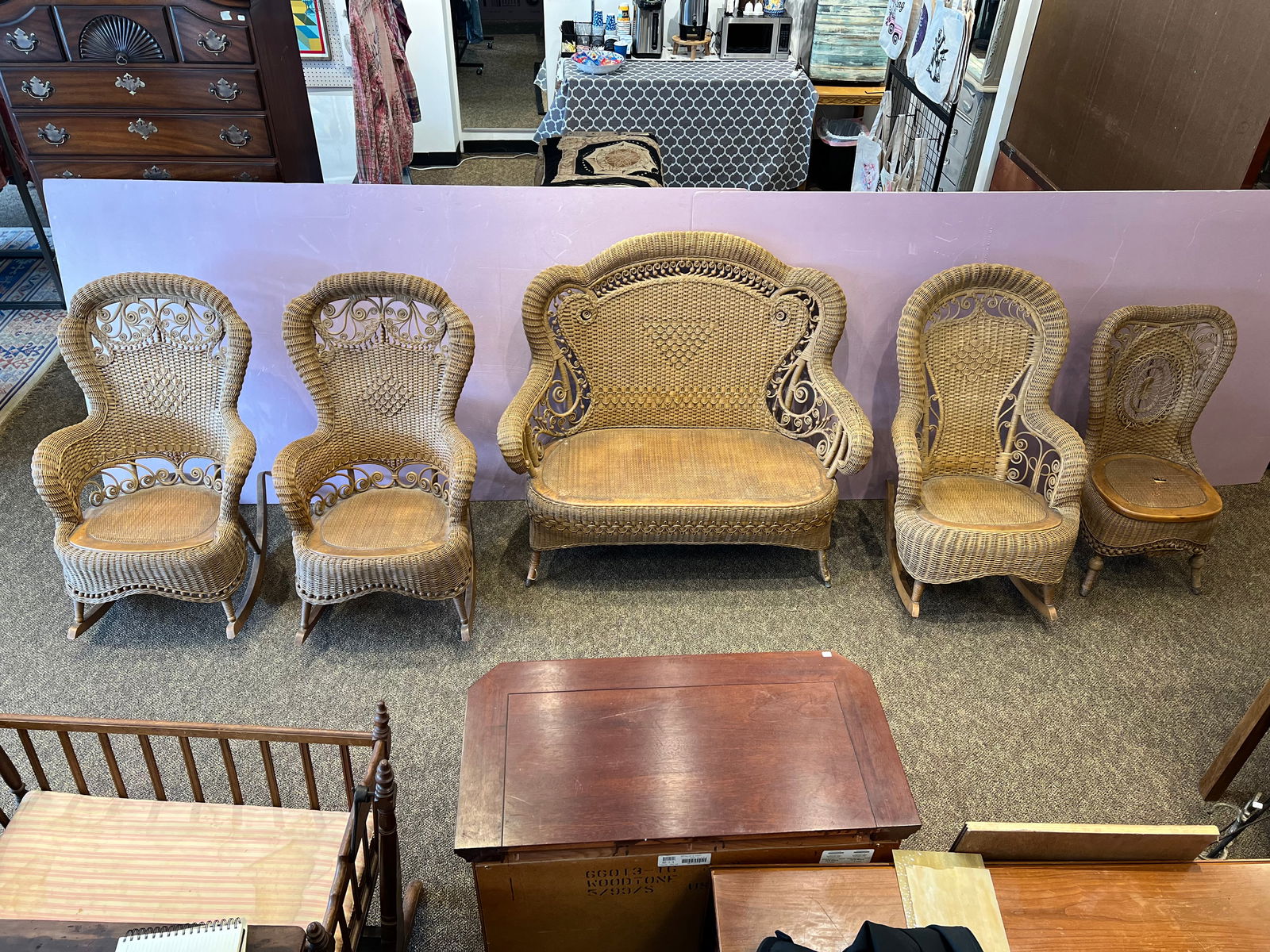 5 pc. Haywood Wakefield Wicker Set: 5 pc. Haywood Wakefield Wicker Set. 3 rockers, bench, and chair.