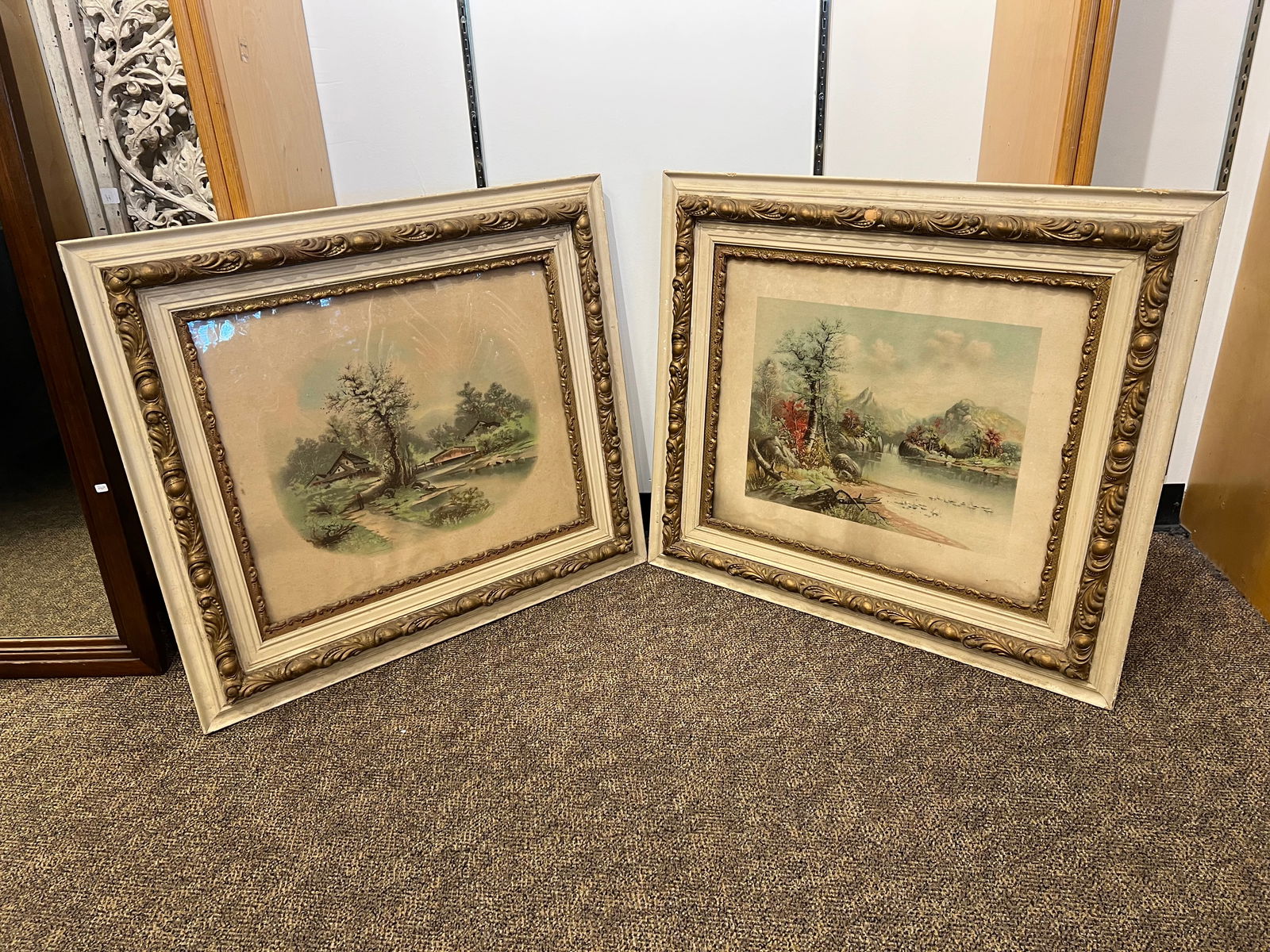 Lot of 2 Early Prints - Farmhouse & Lake Scene: Lot of 2 Early Prints - Farmhouse & Lake Scene